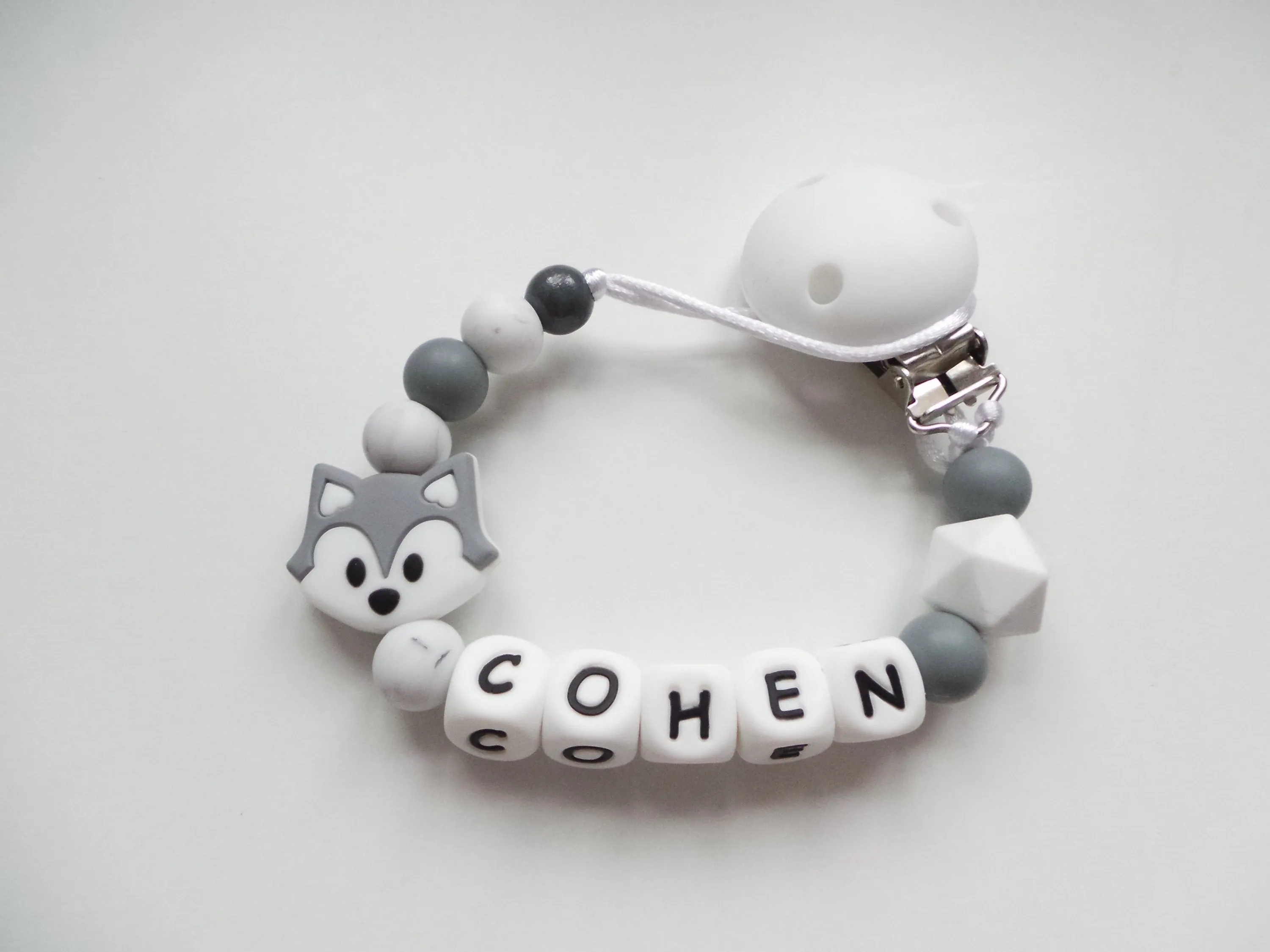 Personalised Fox Dummy clip- Grey & Marble