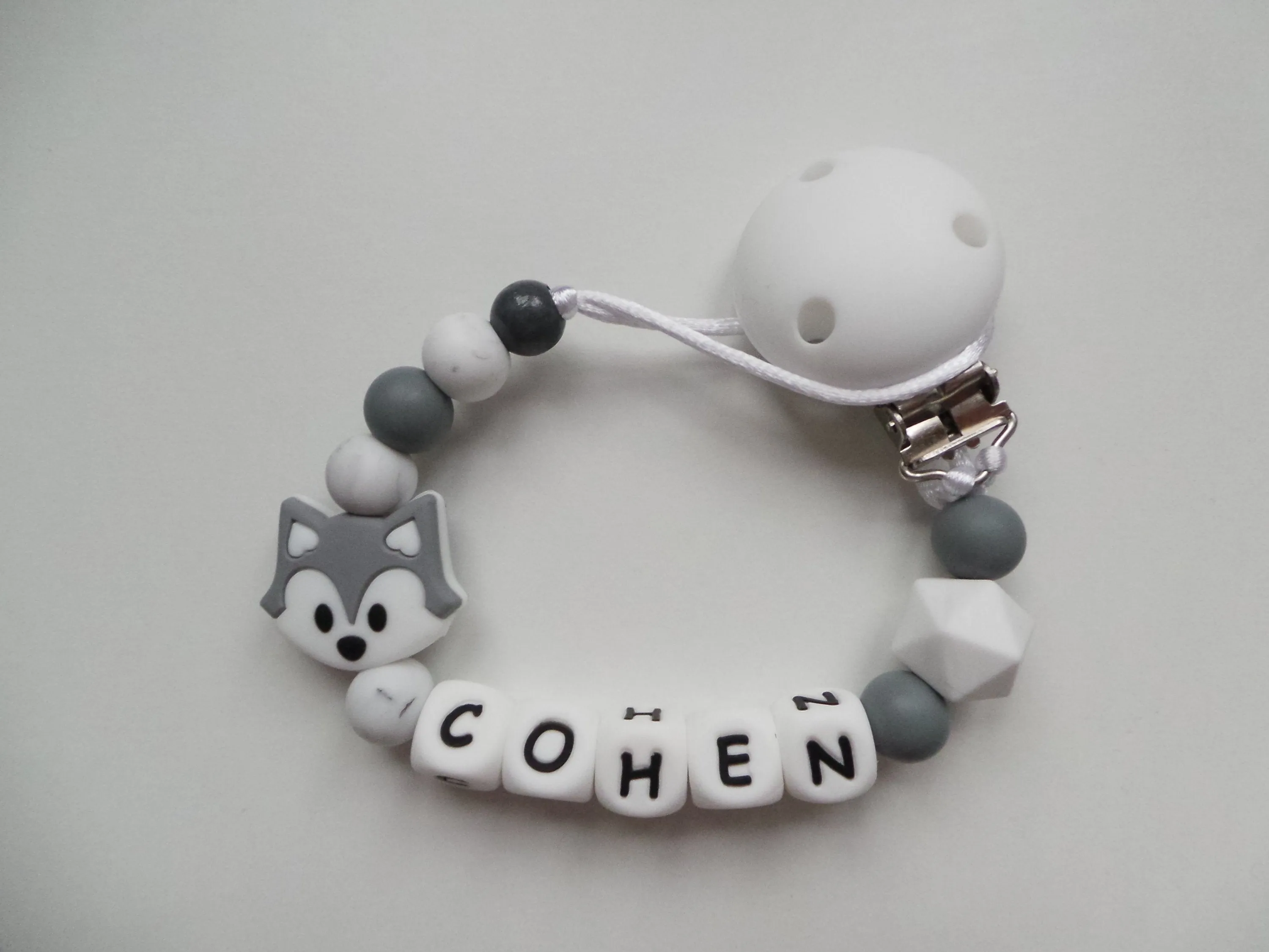 Personalised Fox Dummy clip- Grey & Marble