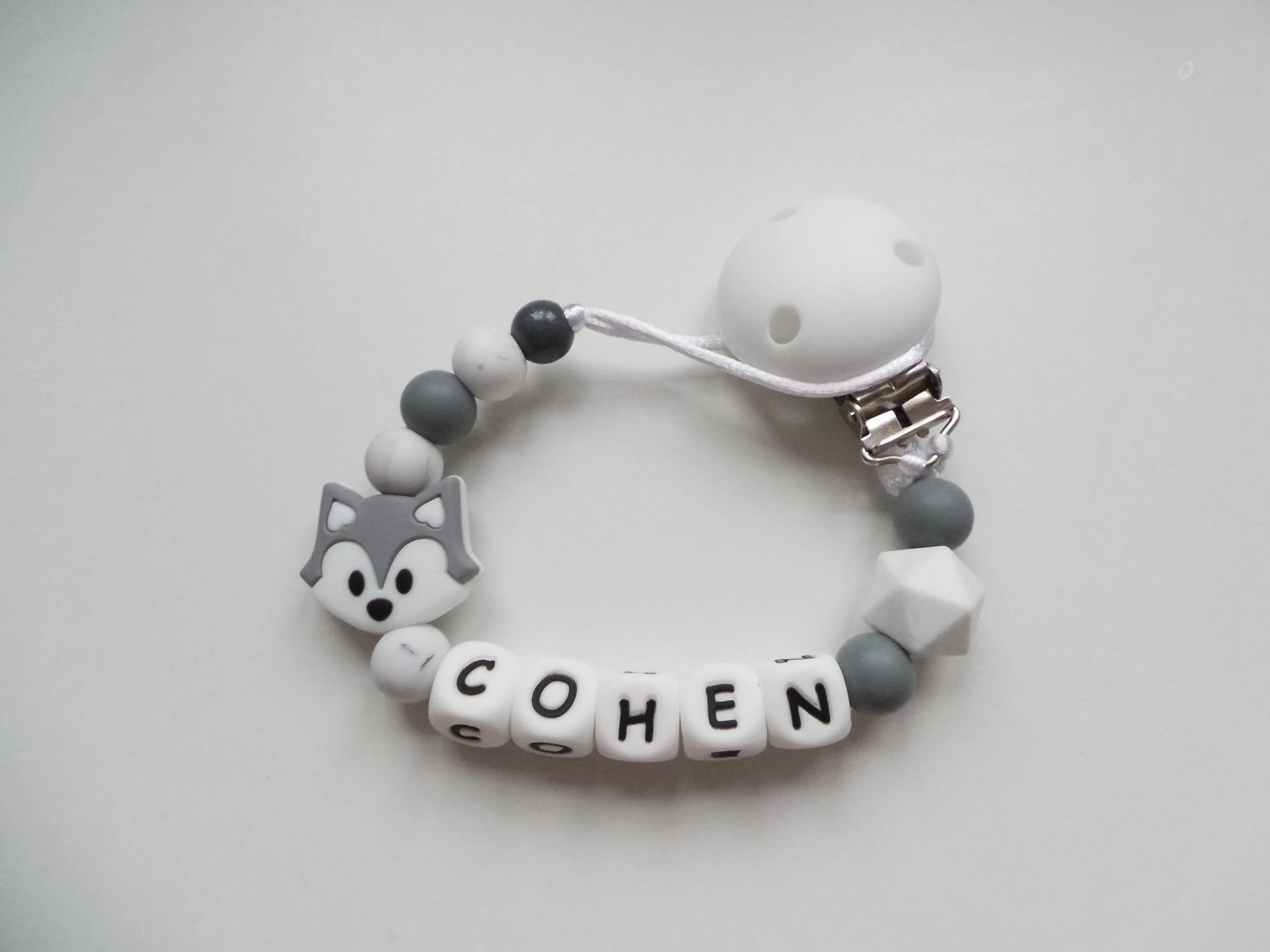 Personalised Fox Dummy clip- Grey & Marble