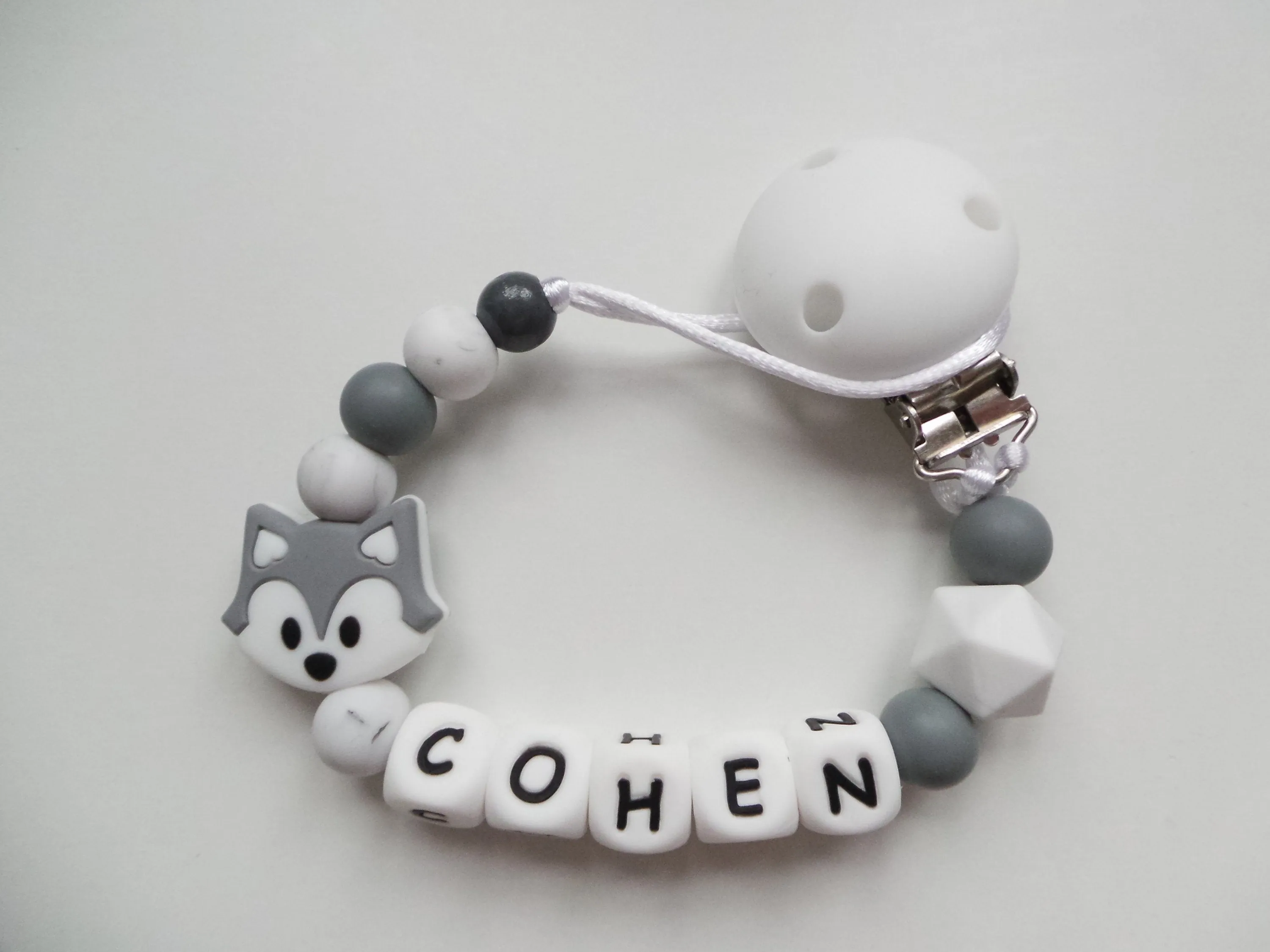 Personalised Fox Dummy clip- Grey & Marble