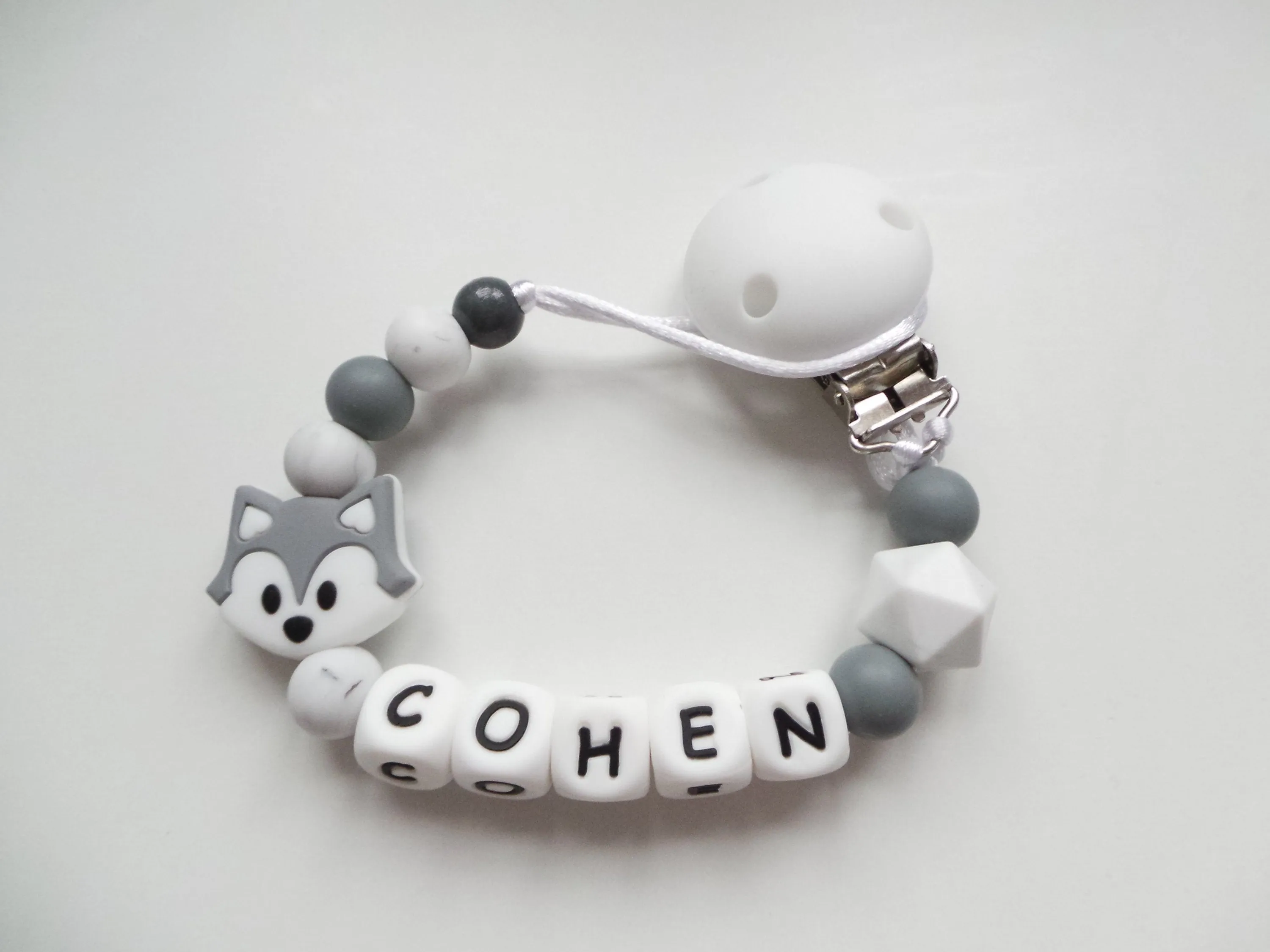 Personalised Fox Dummy clip- Grey & Marble