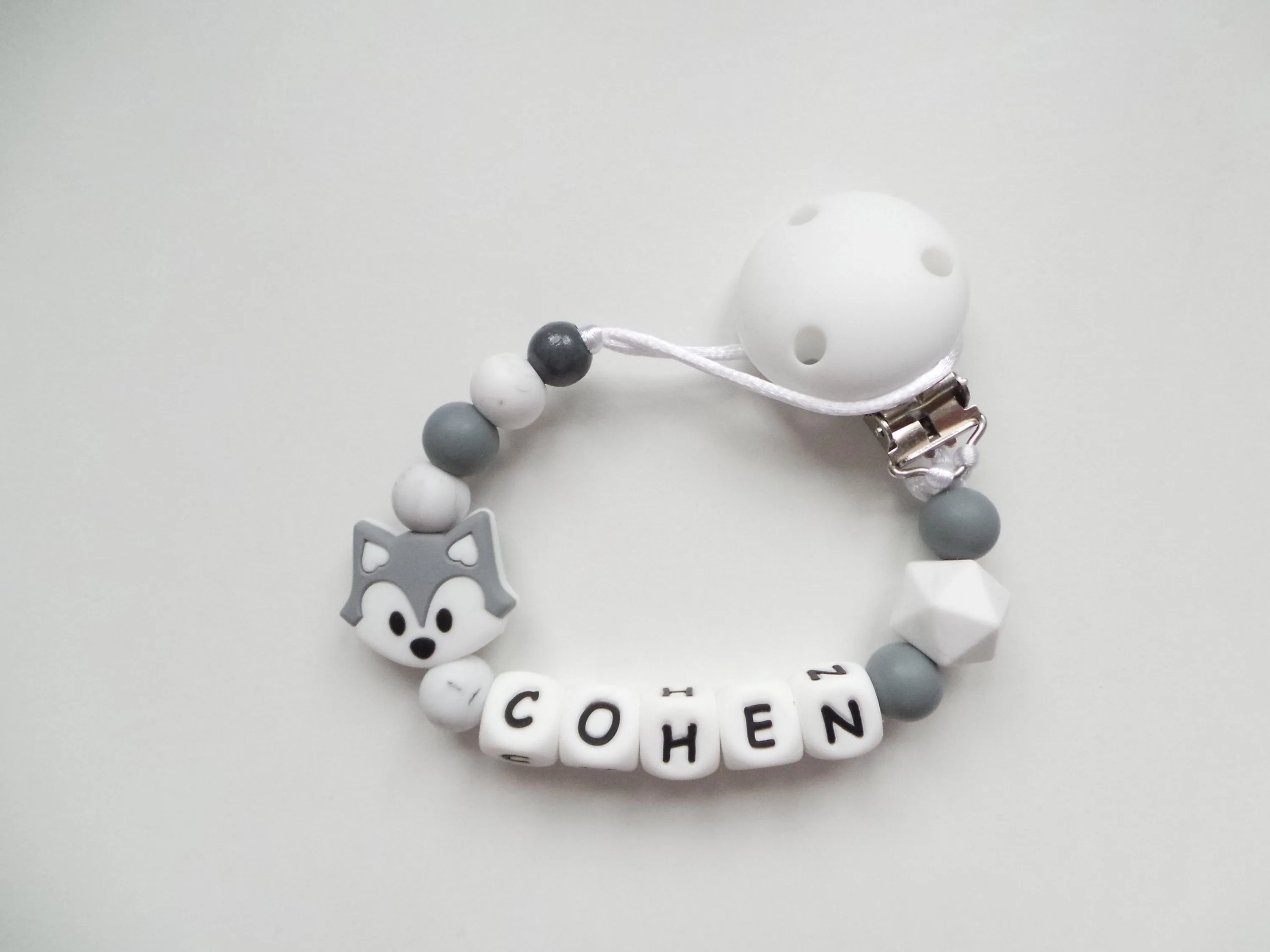 Personalised Fox Dummy clip- Grey & Marble