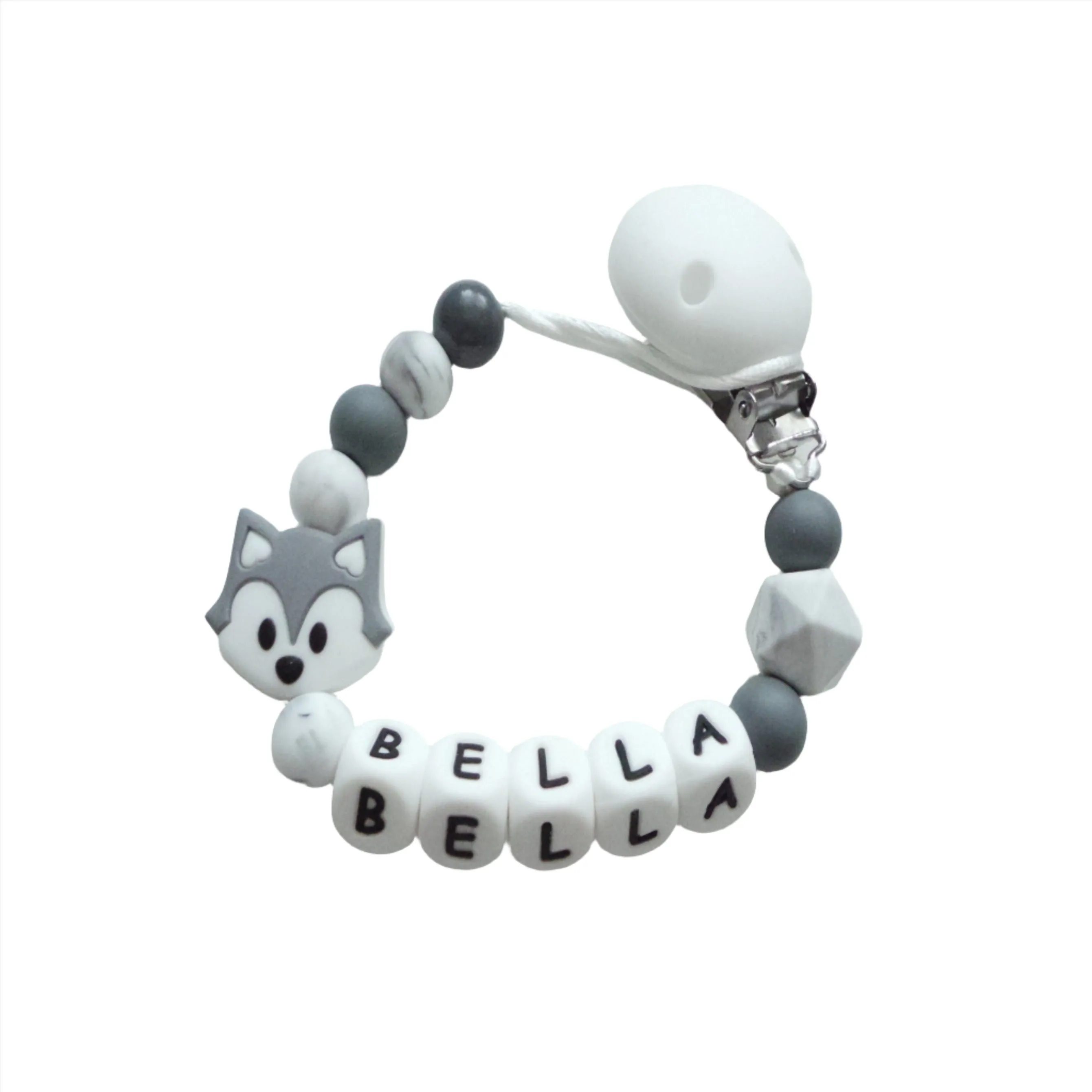 Personalised Fox Dummy clip- Grey & Marble