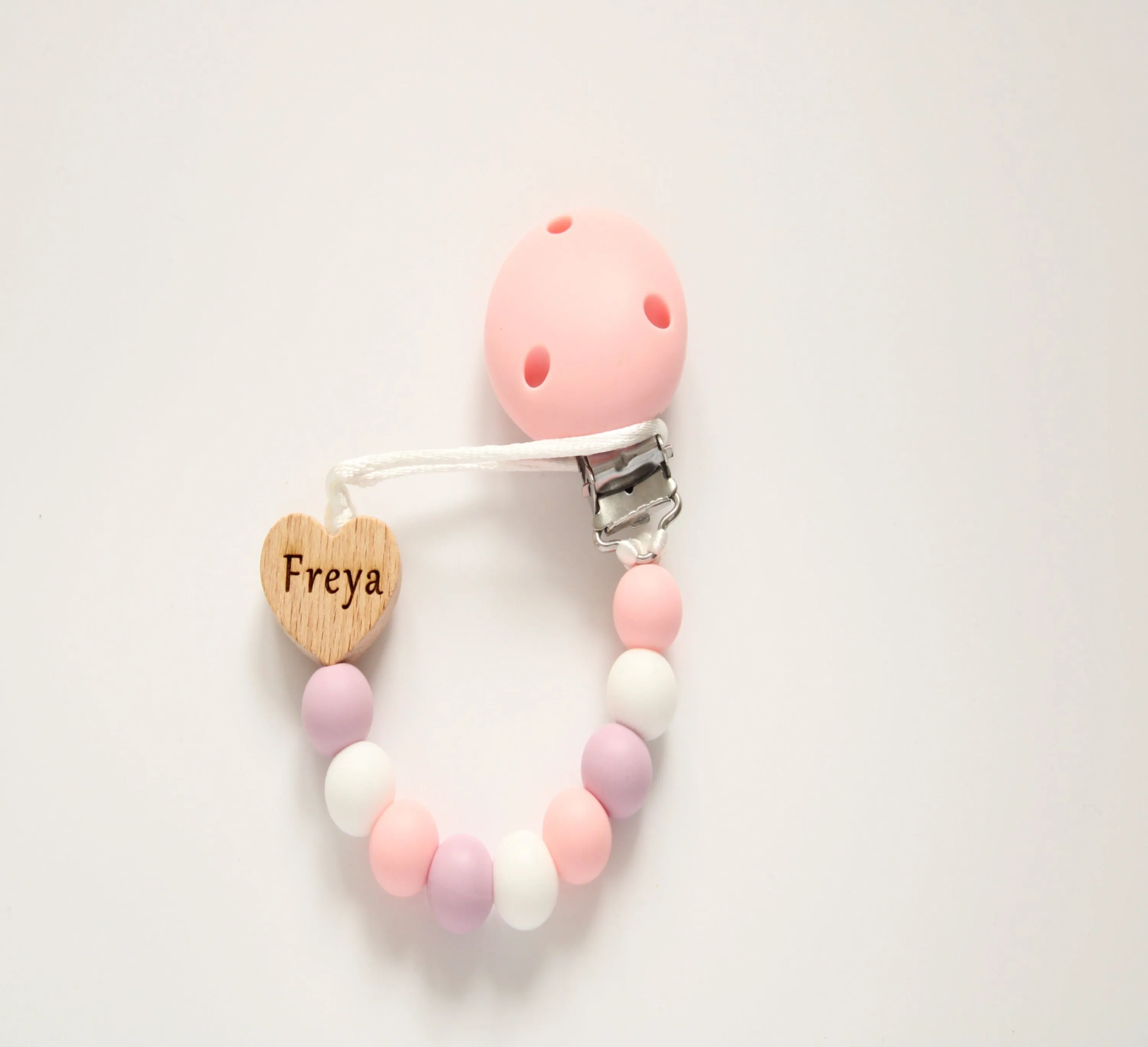 Personalised Heart Silicone Dummy clip- Pink, Lilac and White
