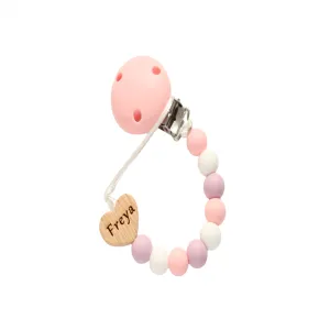 Personalised Heart Silicone Dummy clip- Pink, Lilac and White