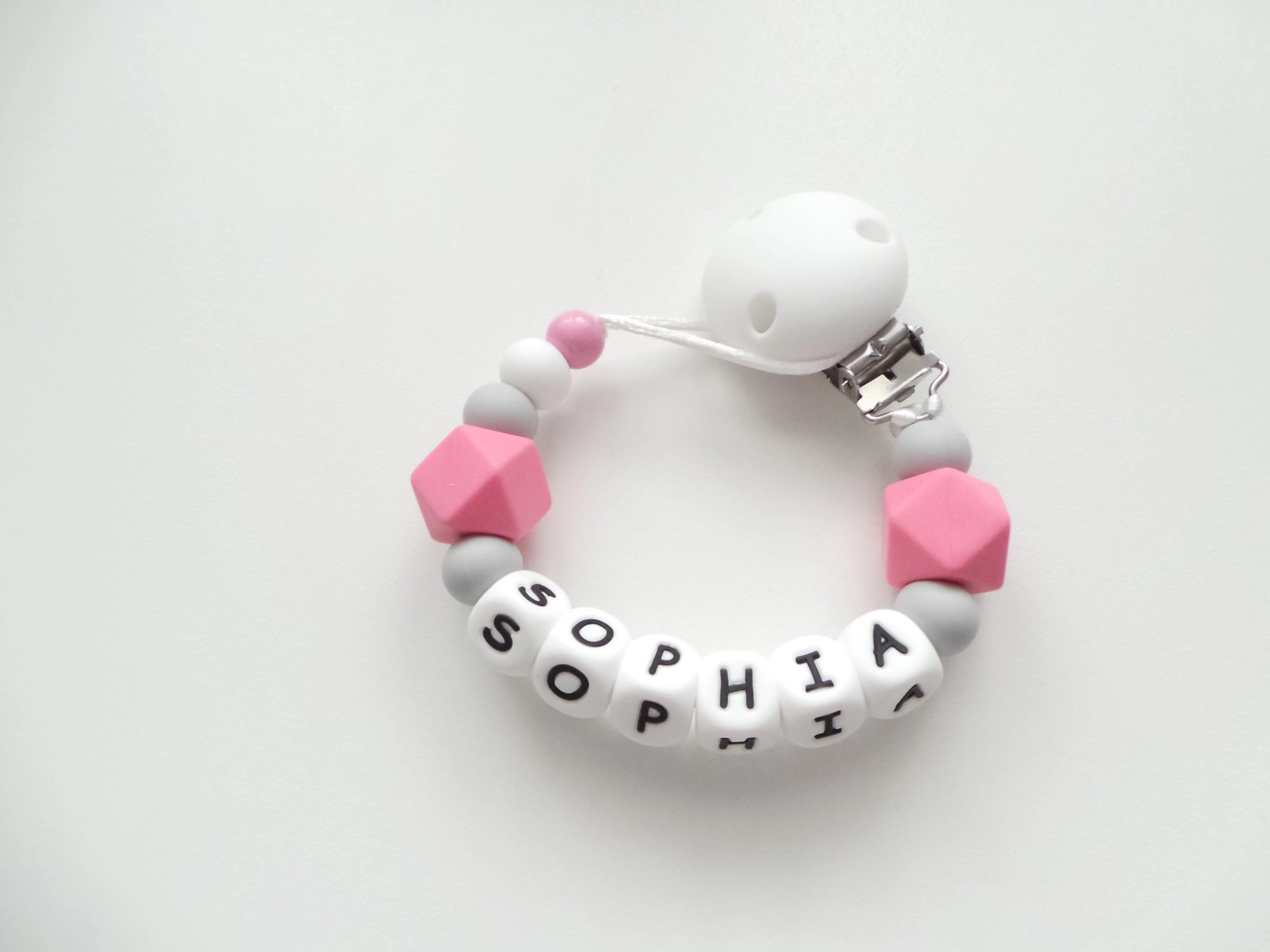 Personalised Silicone dummy clip- Hexagon beads - More colors available