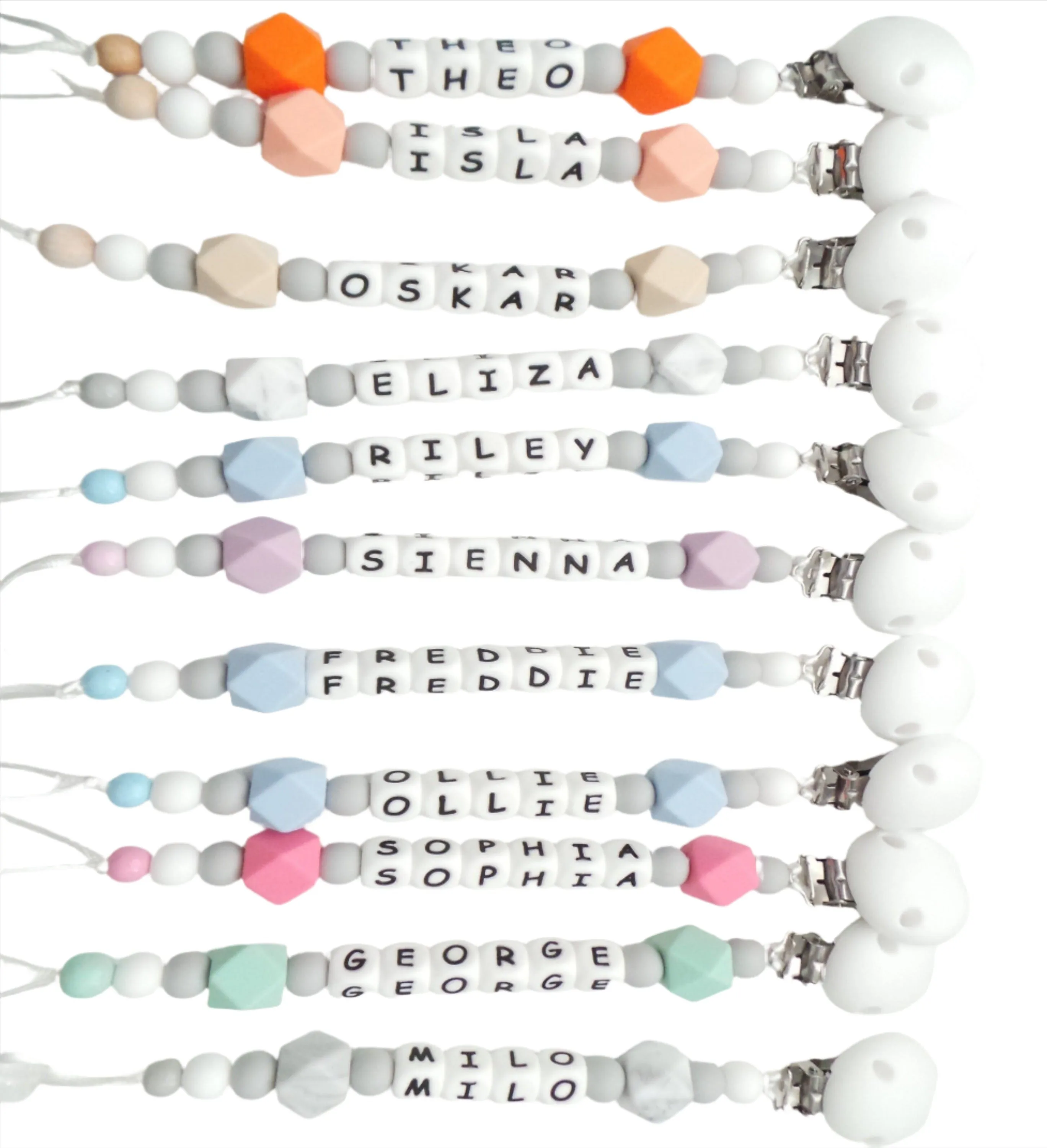 Personalised Silicone dummy clip- Hexagon beads - More colors available