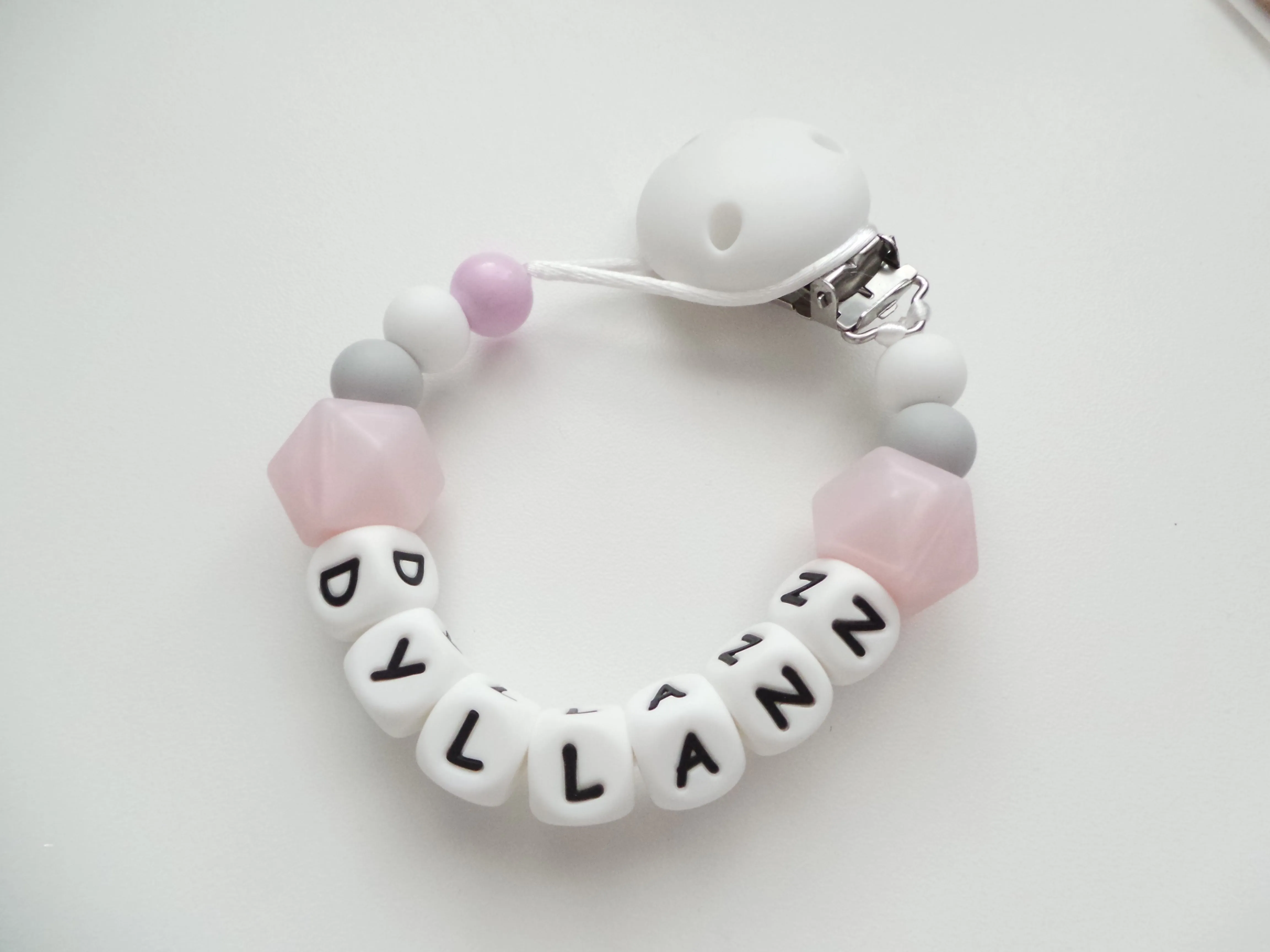 Personalised Silicone dummy clip- Hexagon beads - More colors available