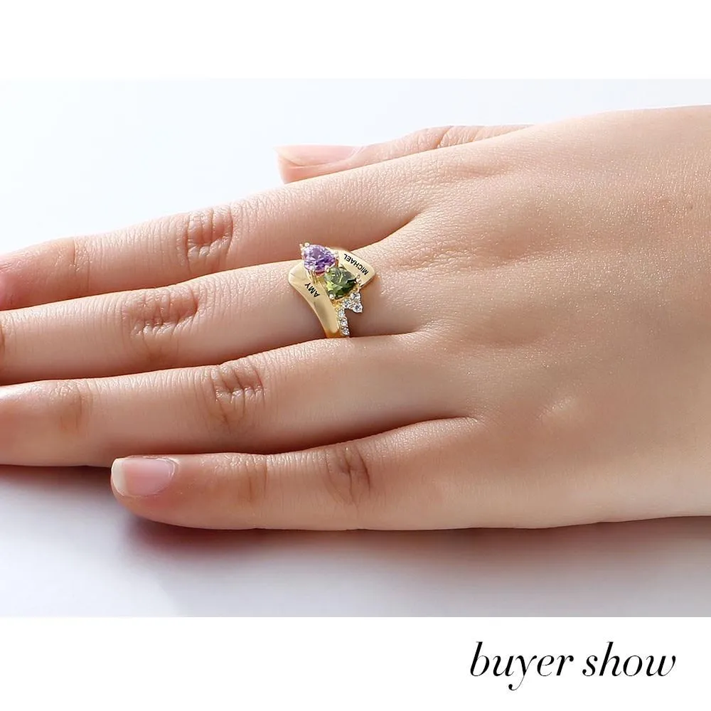 Personalized 925 Sterling Silver Promise Rings for Women – Double Heart Shape Birthstones – Engraved Names – Free Gift Box