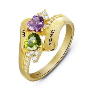 Personalized 925 Sterling Silver Promise Rings for Women – Double Heart Shape Birthstones – Engraved Names – Free Gift Box