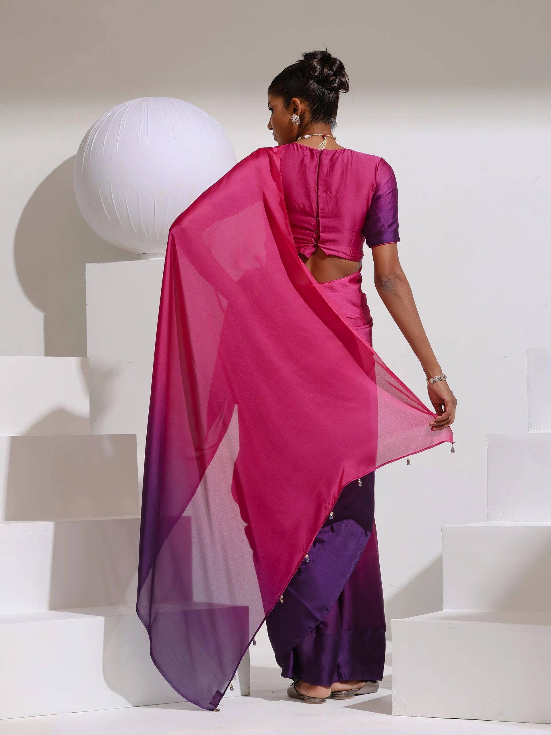 Pink & Purple Satin Chiffon Saree with Beads and Self-Blouse Fabric