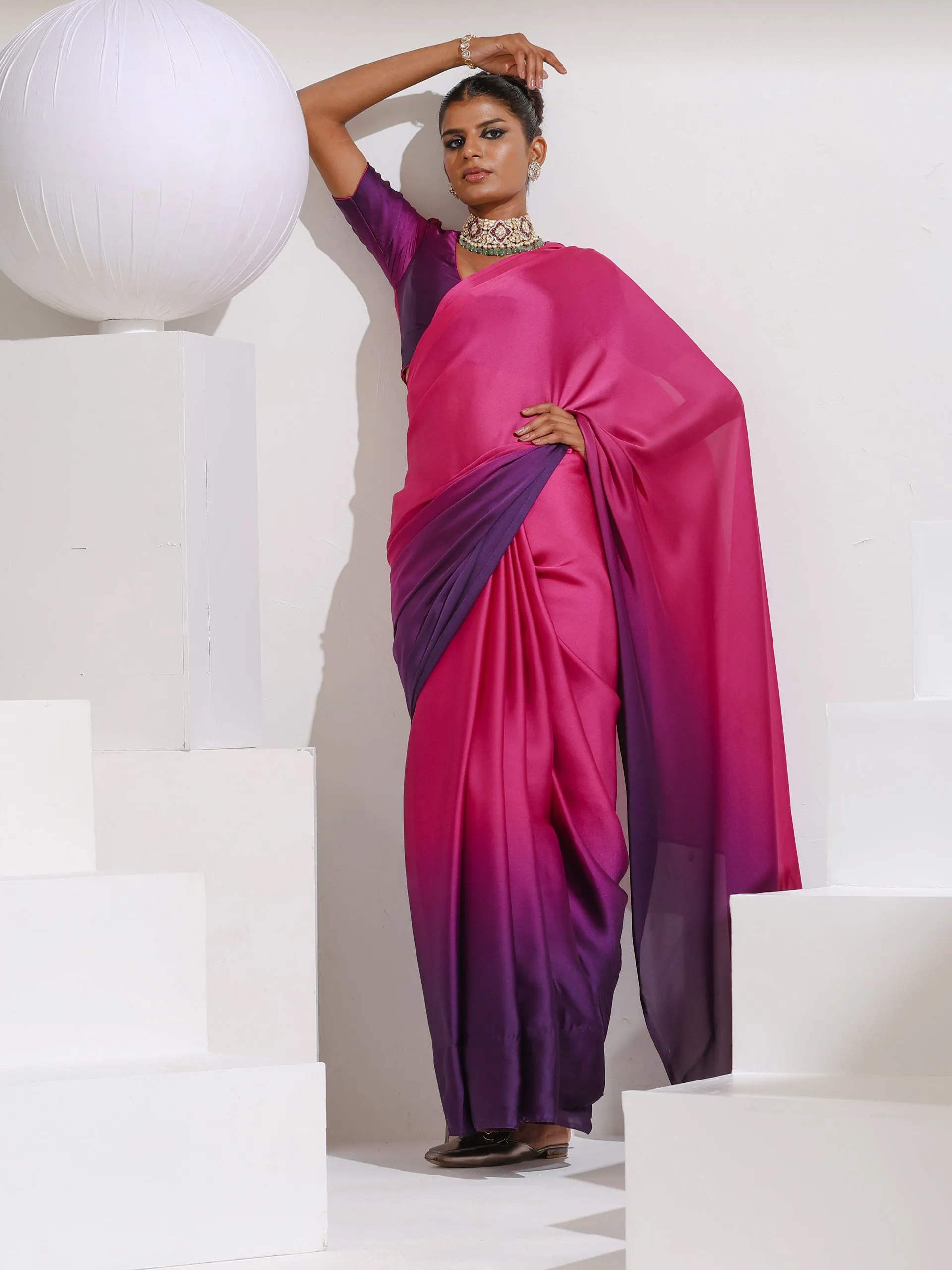 Pink & Purple Satin Chiffon Saree with Beads and Self-Blouse Fabric