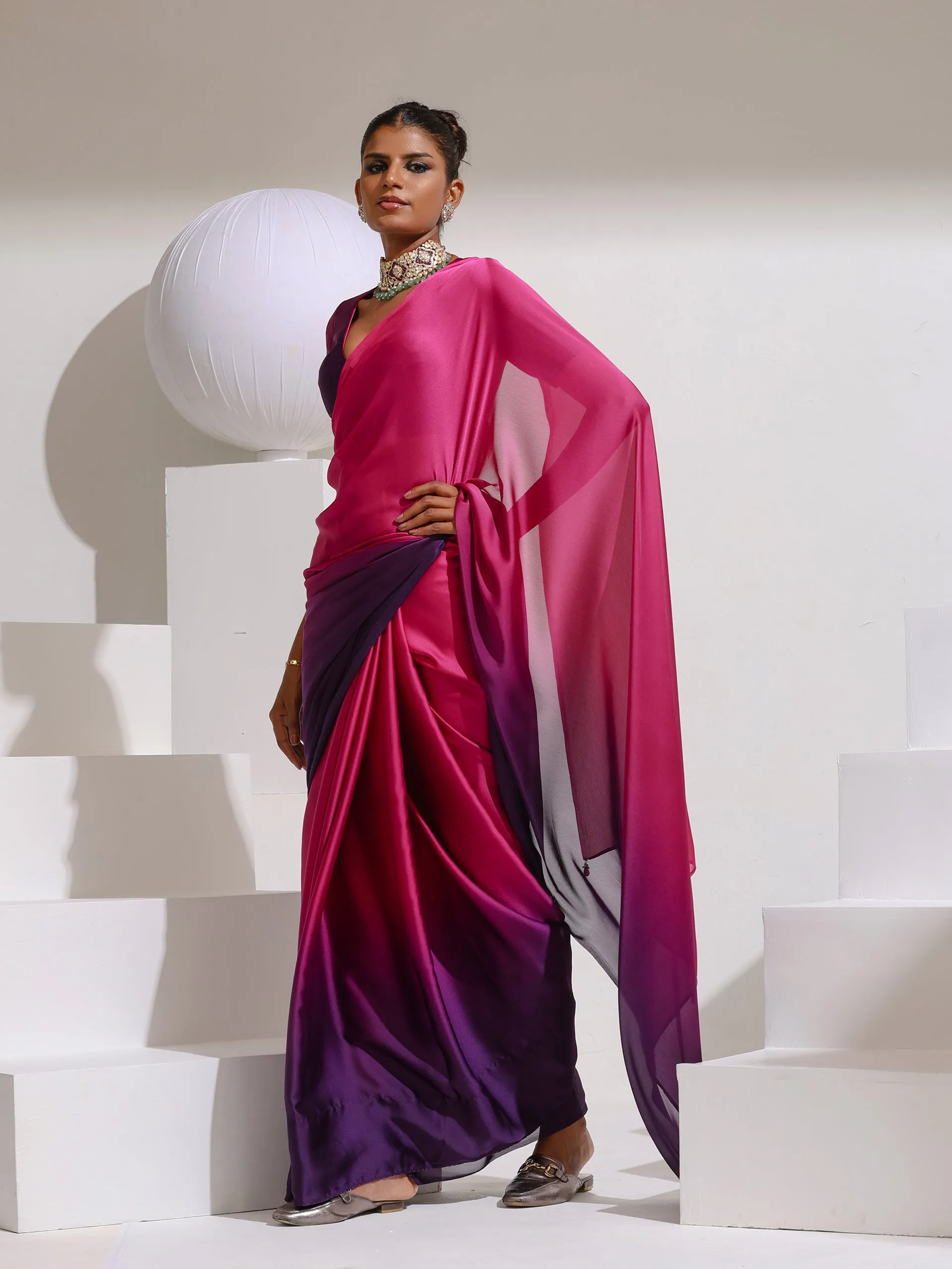 Pink & Purple Satin Chiffon Saree with Beads and Self-Blouse Fabric