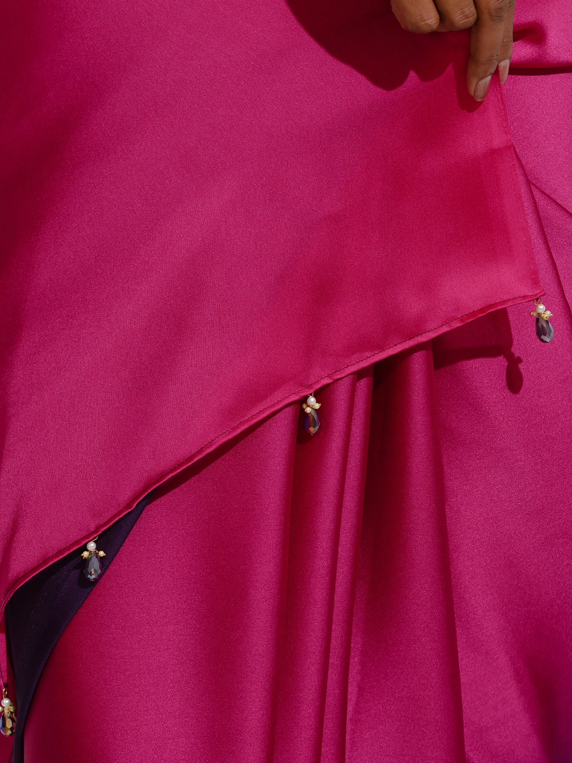 Pink & Purple Satin Chiffon Saree with Beads and Self-Blouse Fabric