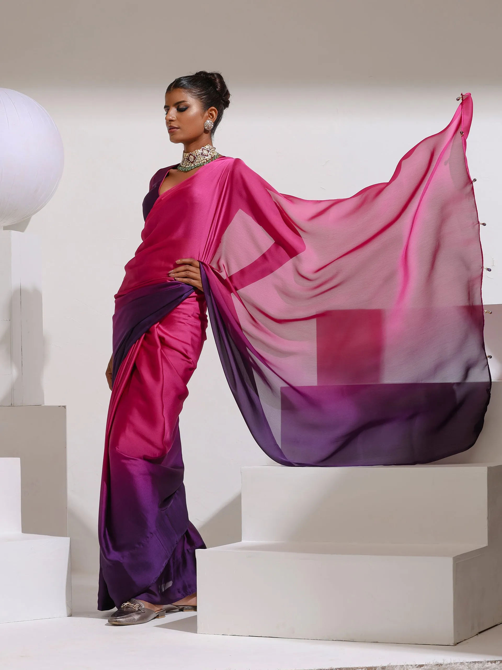 Pink & Purple Satin Chiffon Saree with Beads and Self-Blouse Fabric
