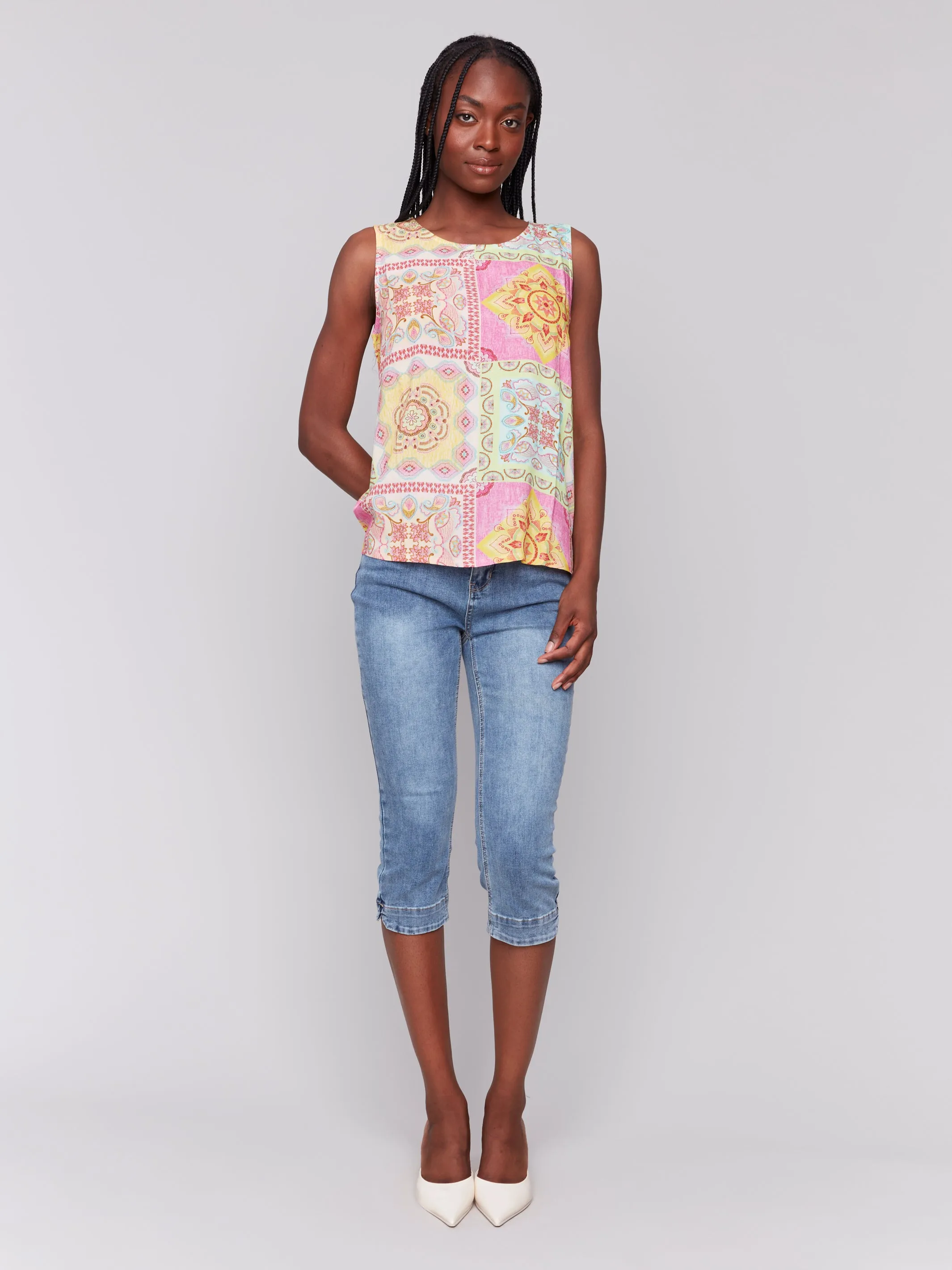 Pink & Yellow Patchwork Print Sleeveless Pullover Top