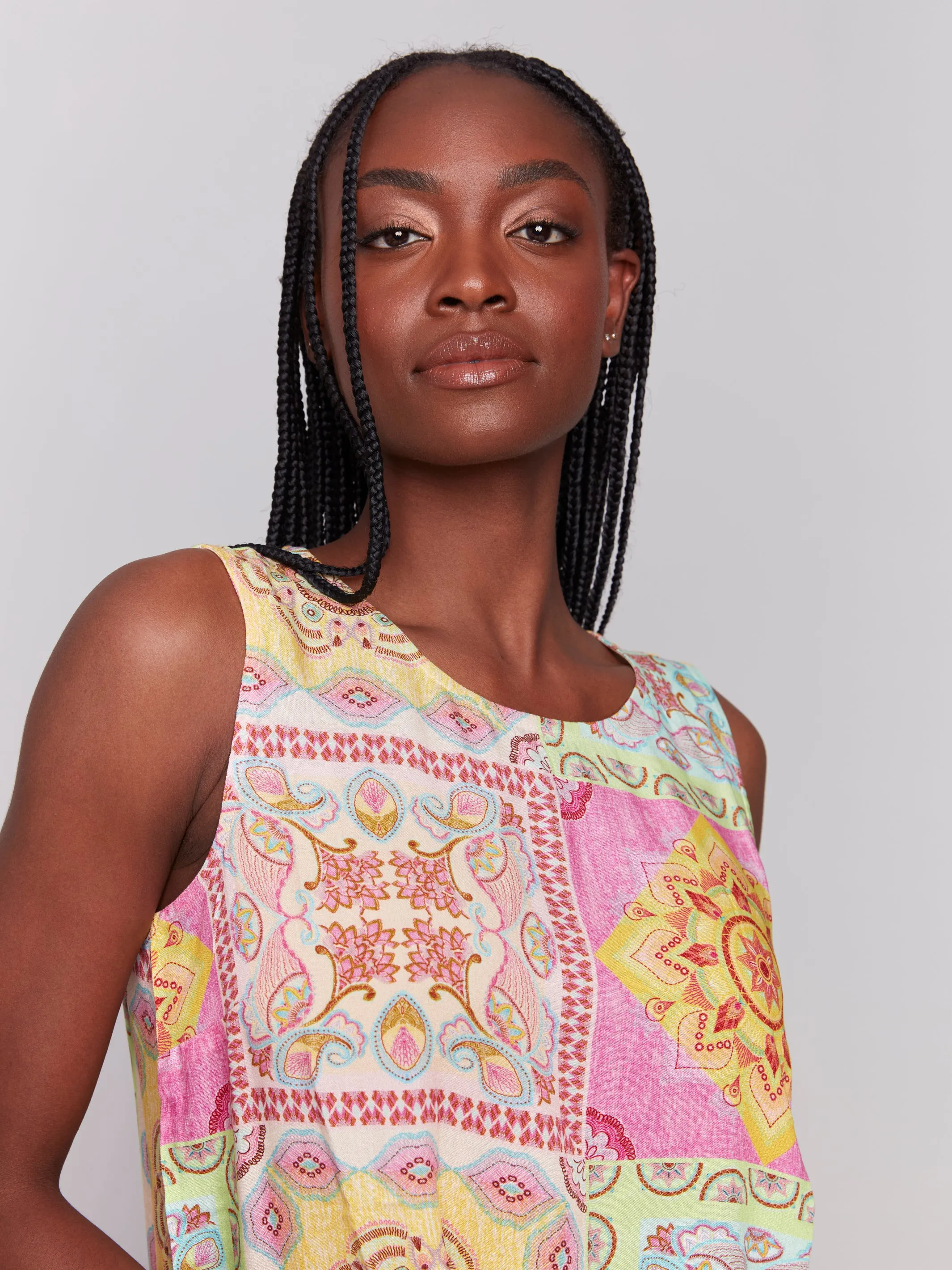 Pink & Yellow Patchwork Print Sleeveless Pullover Top