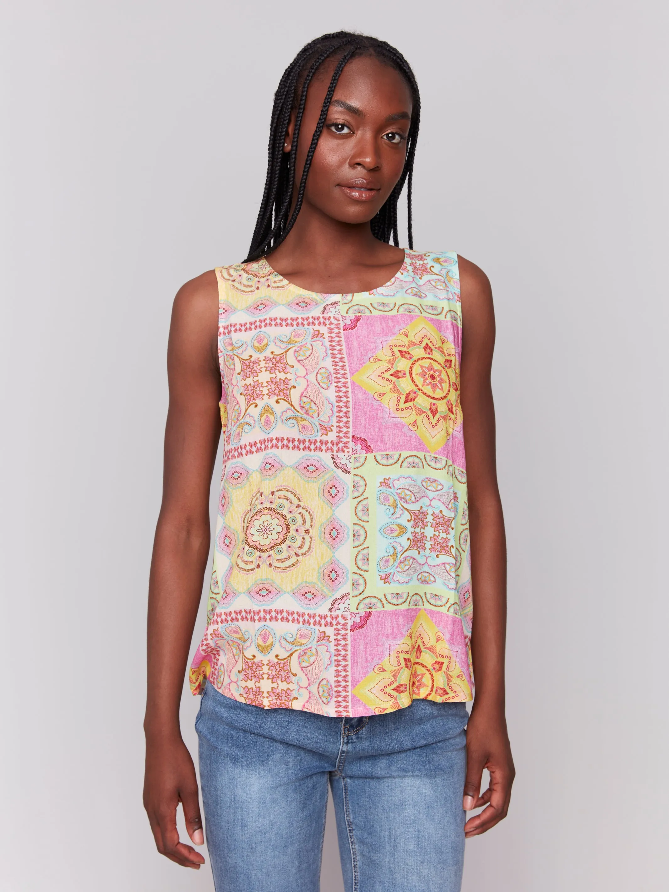 Pink & Yellow Patchwork Print Sleeveless Pullover Top