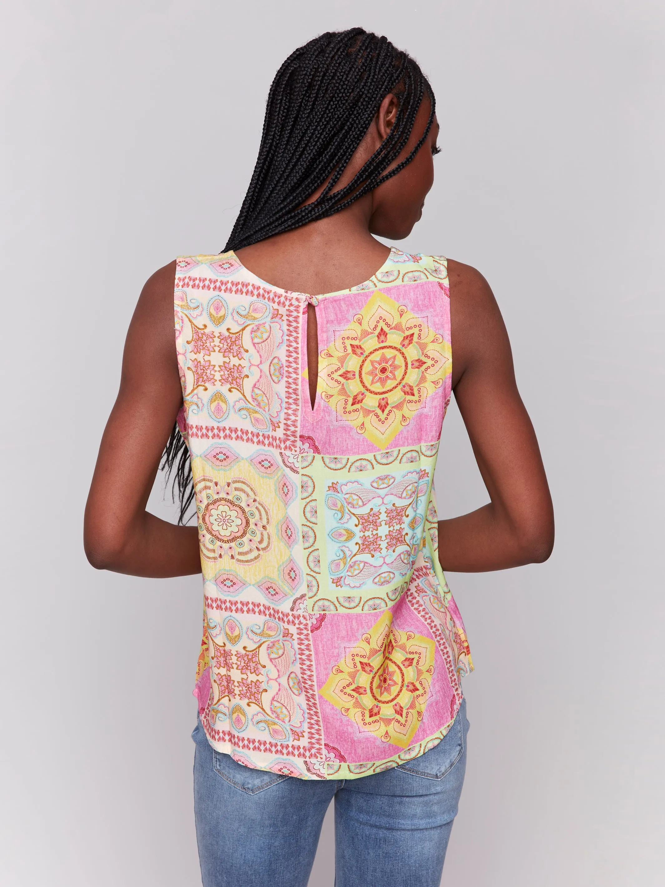 Pink & Yellow Patchwork Print Sleeveless Pullover Top
