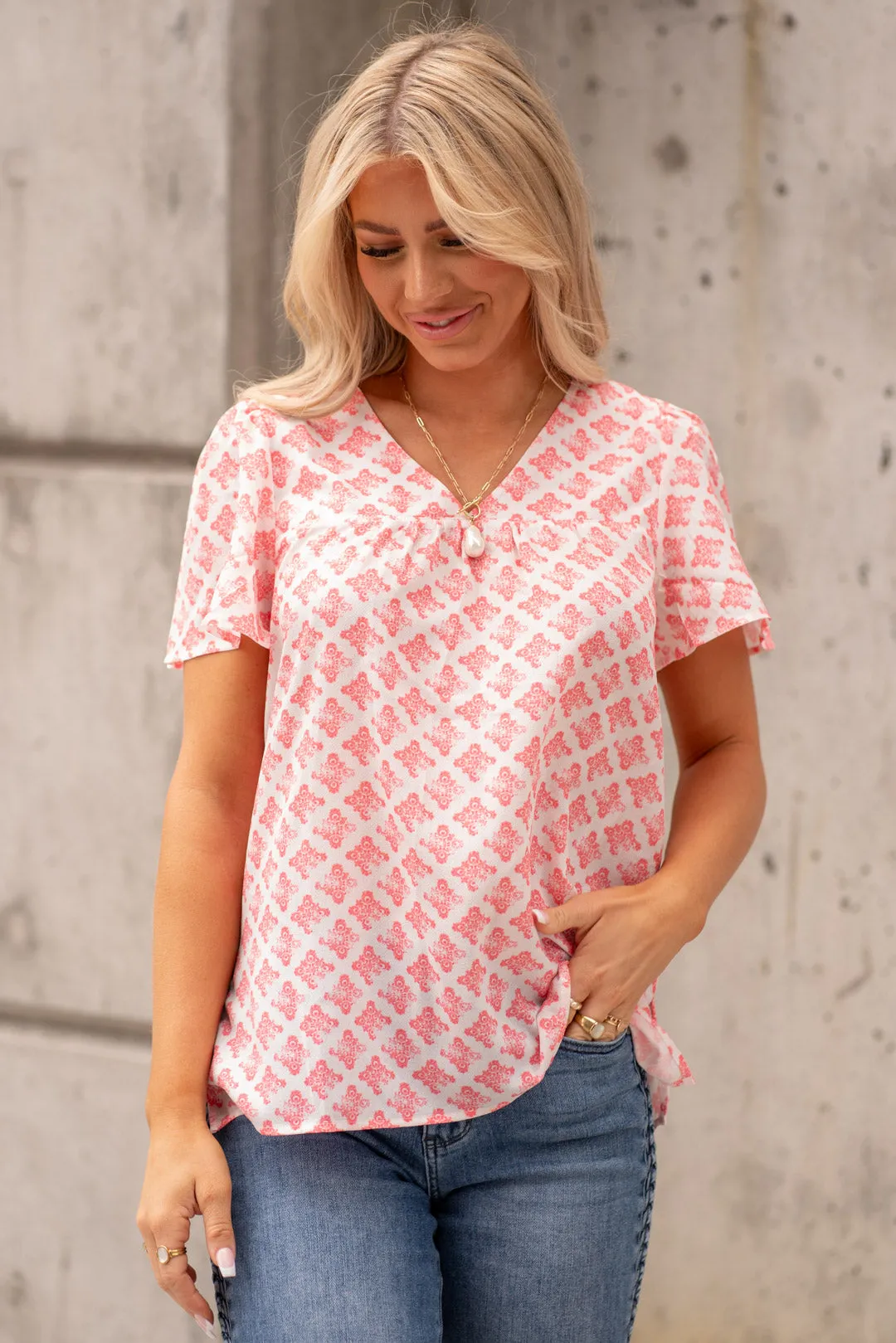Printed V-Neck Flutter Sleeve Blouse