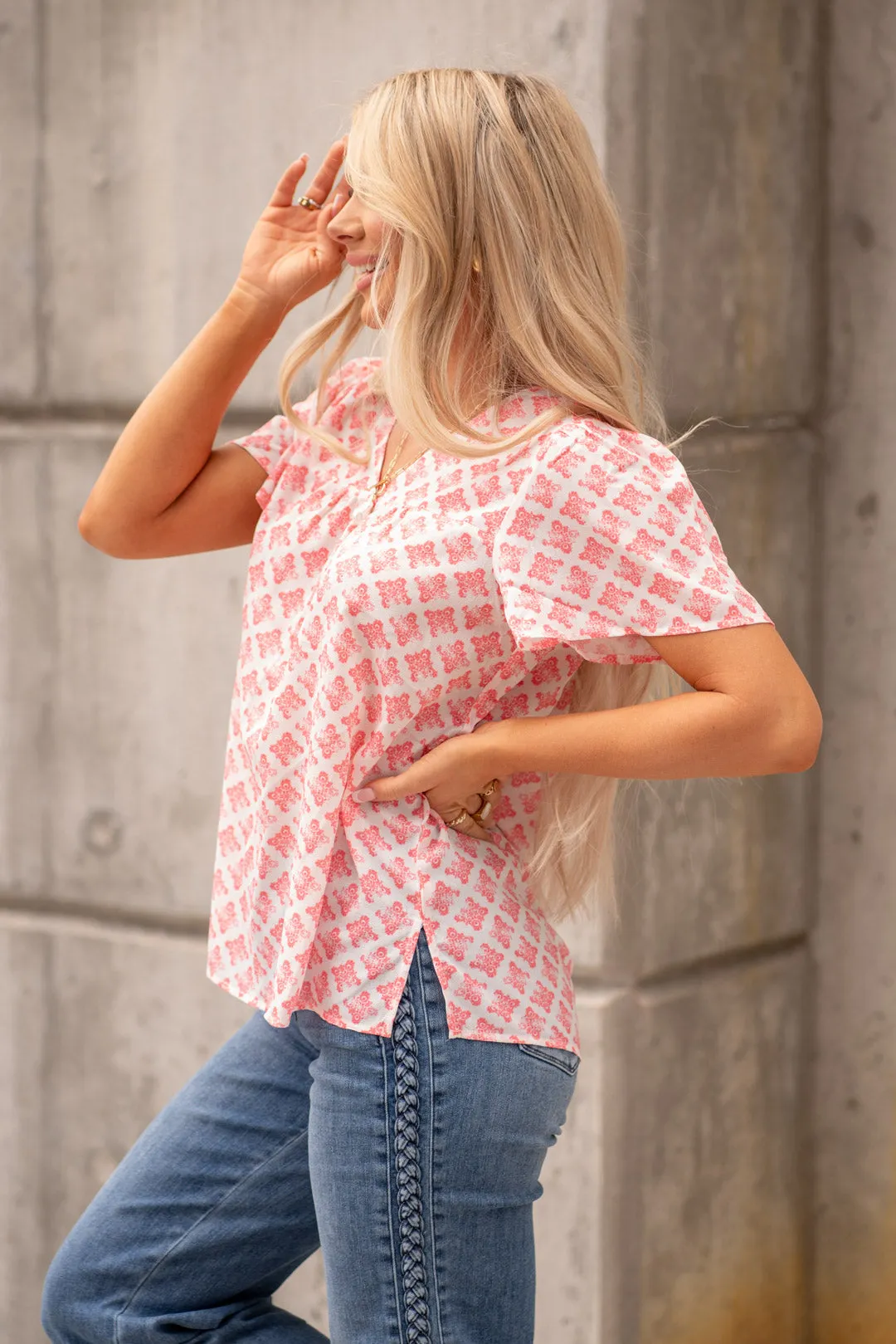 Printed V-Neck Flutter Sleeve Blouse