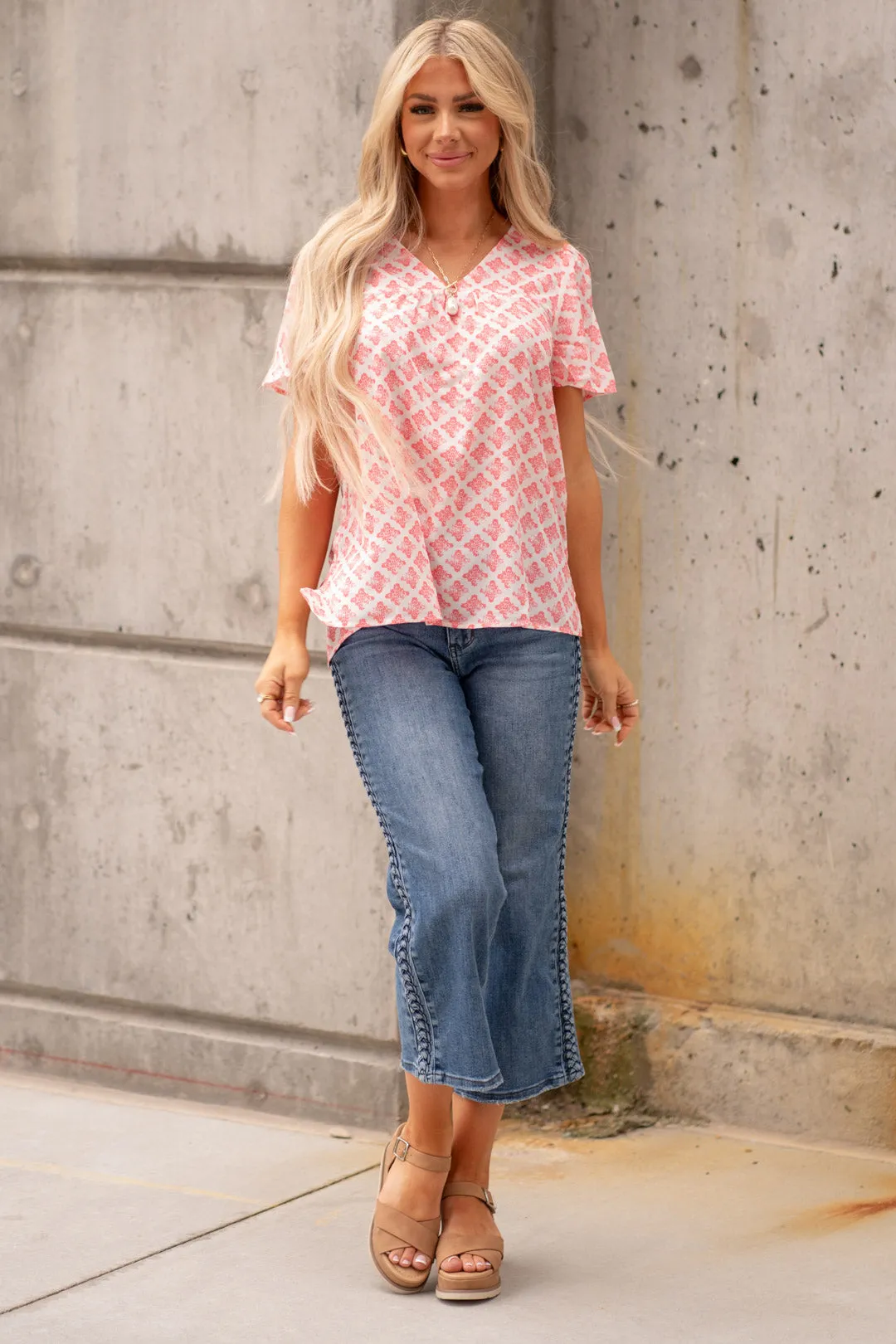 Printed V-Neck Flutter Sleeve Blouse