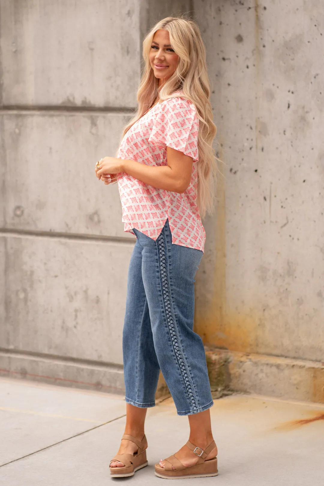 Printed V-Neck Flutter Sleeve Blouse