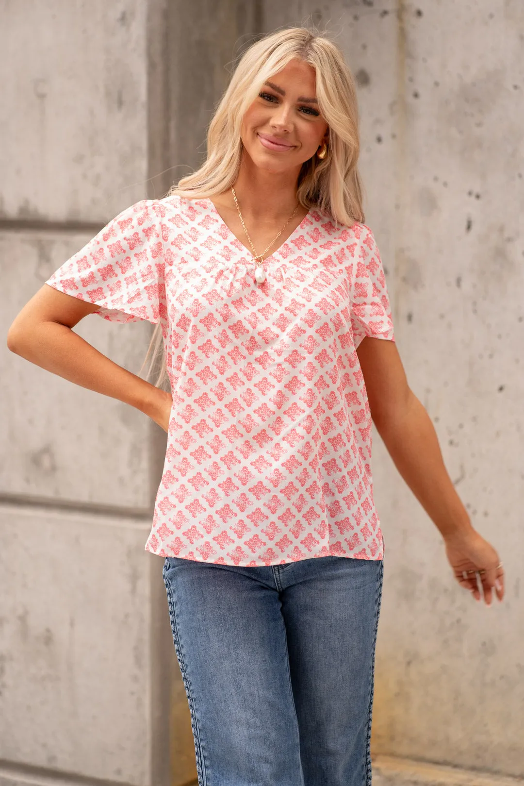 Printed V-Neck Flutter Sleeve Blouse