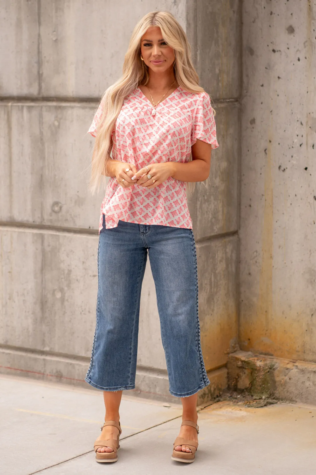 Printed V-Neck Flutter Sleeve Blouse
