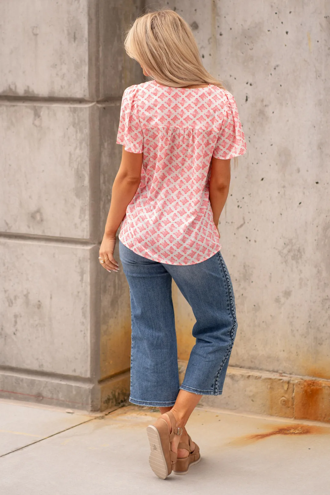 Printed V-Neck Flutter Sleeve Blouse