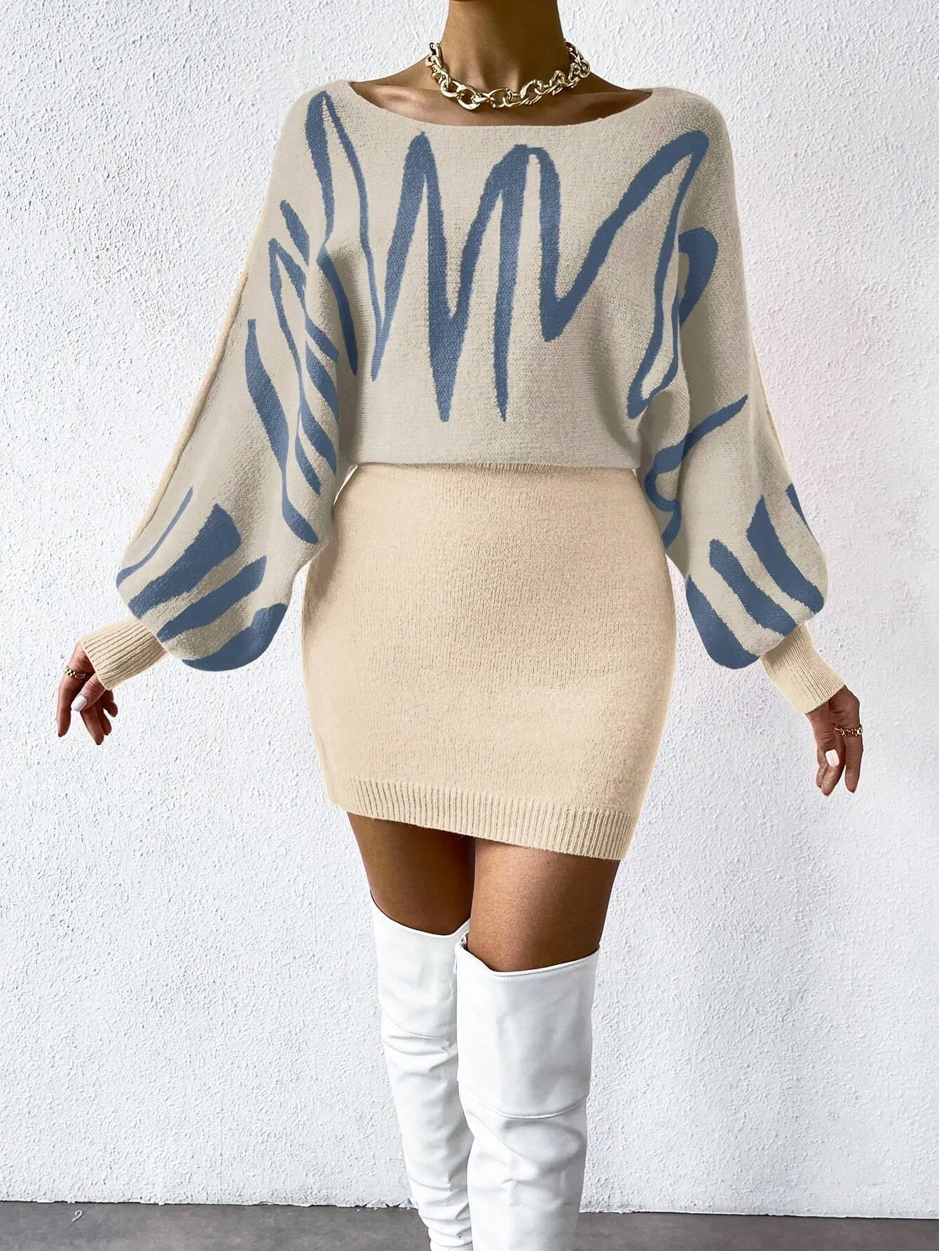 Privé Graphic Pattern Batwing Sleeve Sweater Dress
