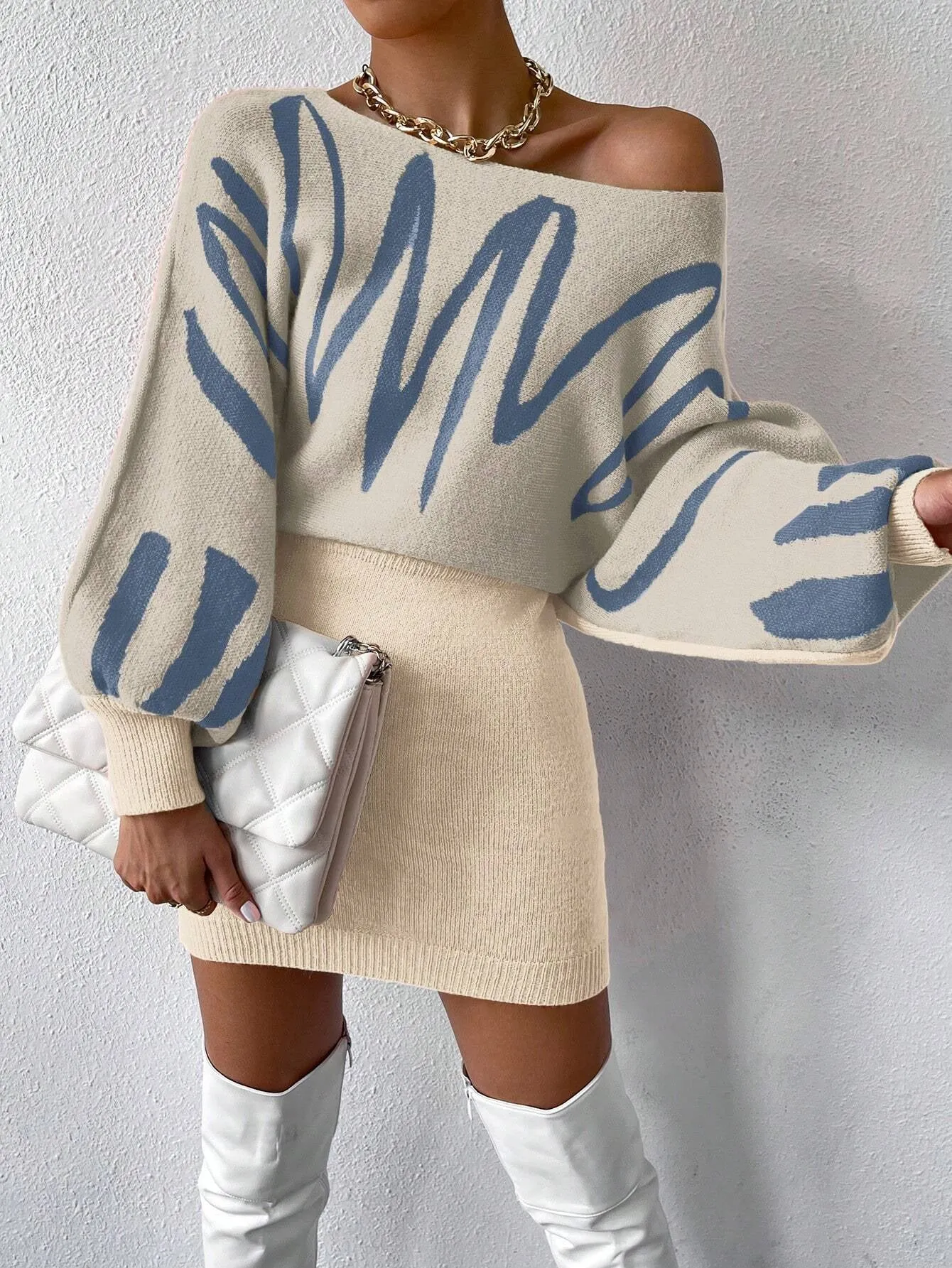 Privé Graphic Pattern Batwing Sleeve Sweater Dress