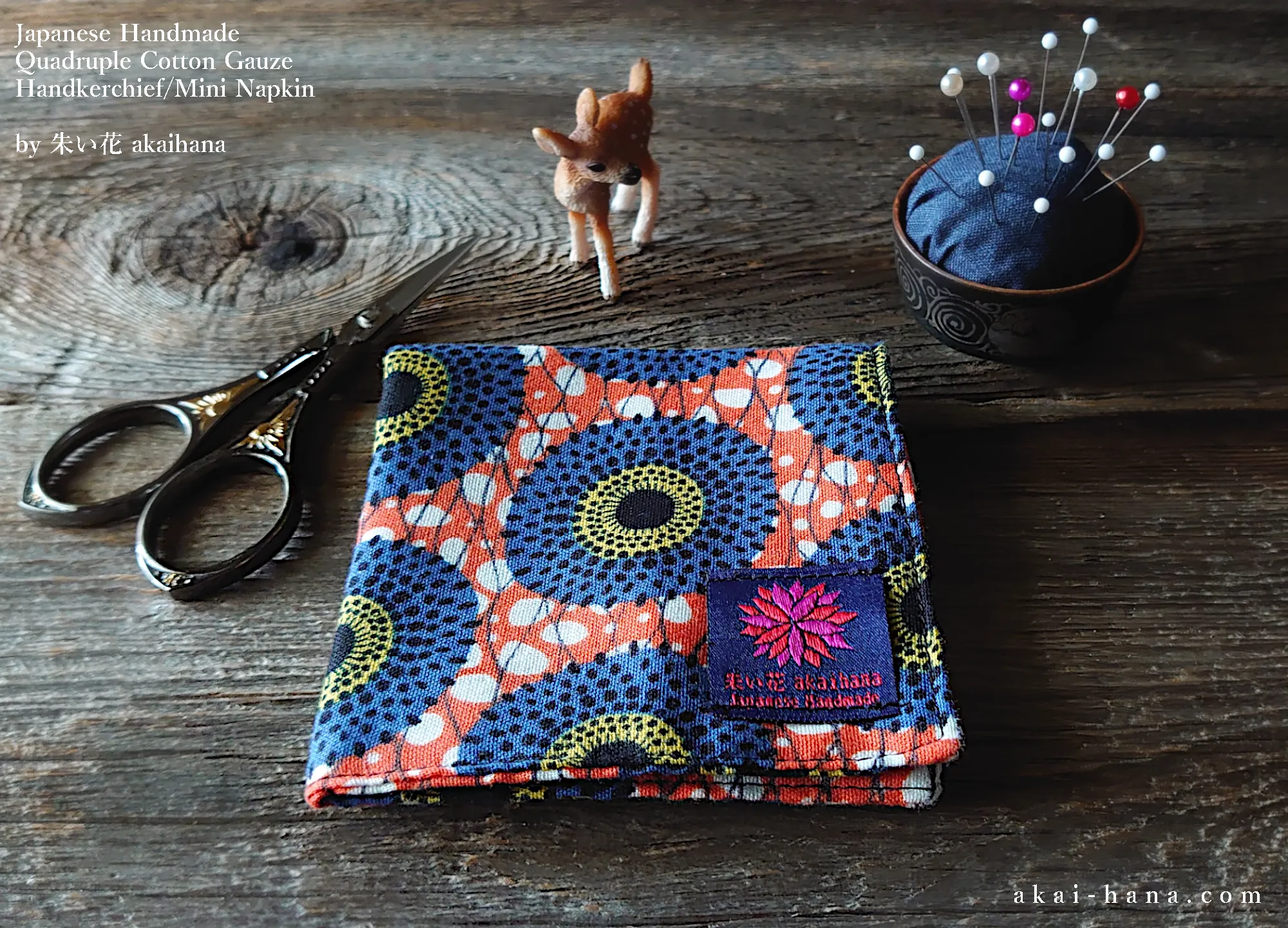 Quadruple Reversible Japanese Handkerchief, Blue Flowers x Orange⦿wghc0009