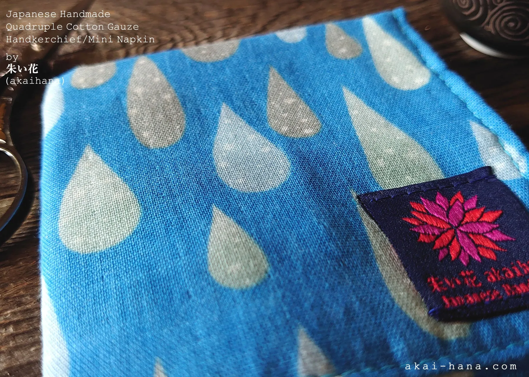 Quadruple Reversible Japanese Handkerchief, Drops, 100% Japanese Cotton Gauze ⦿wghc0016