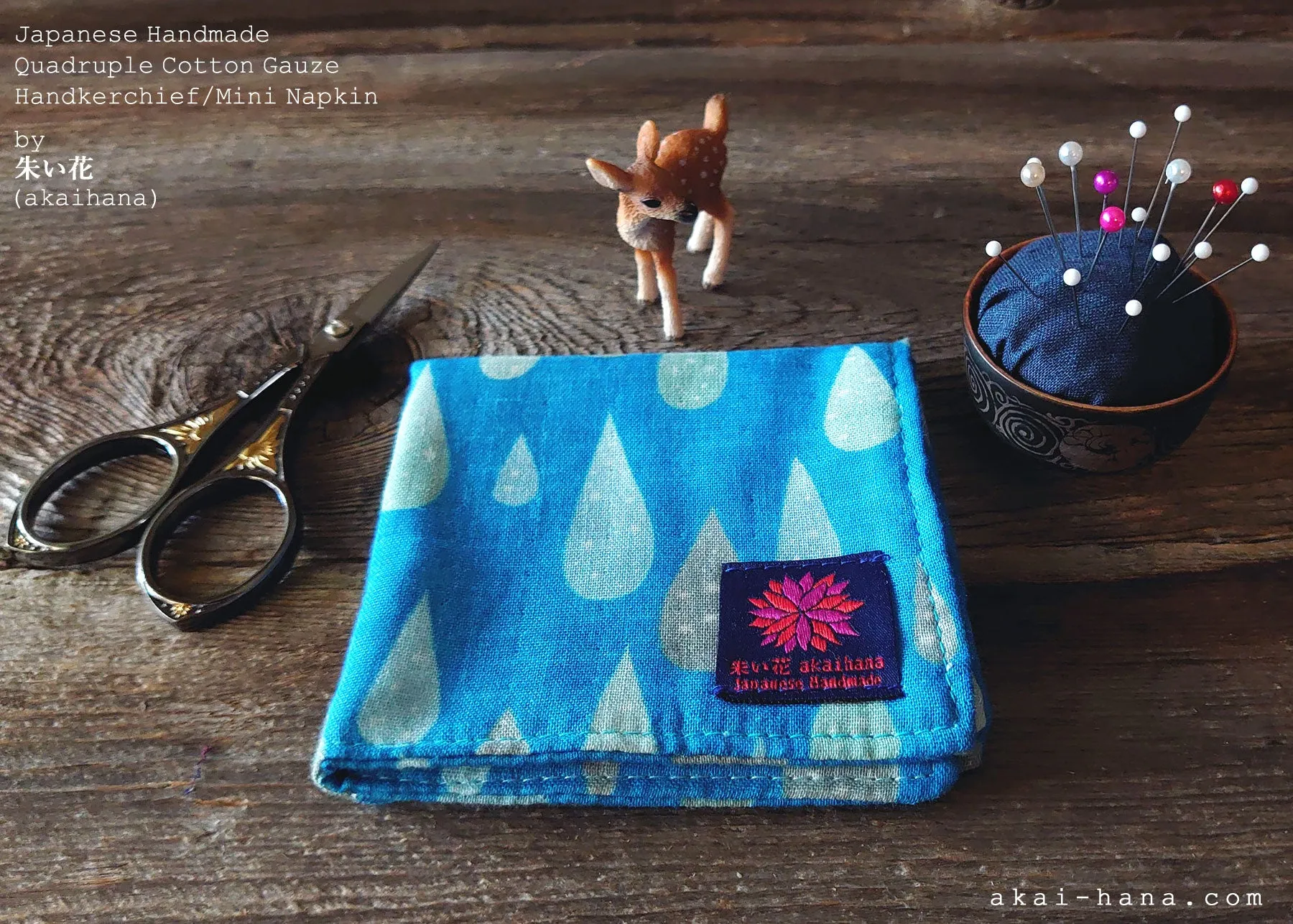 Quadruple Reversible Japanese Handkerchief, Drops, 100% Japanese Cotton Gauze ⦿wghc0016