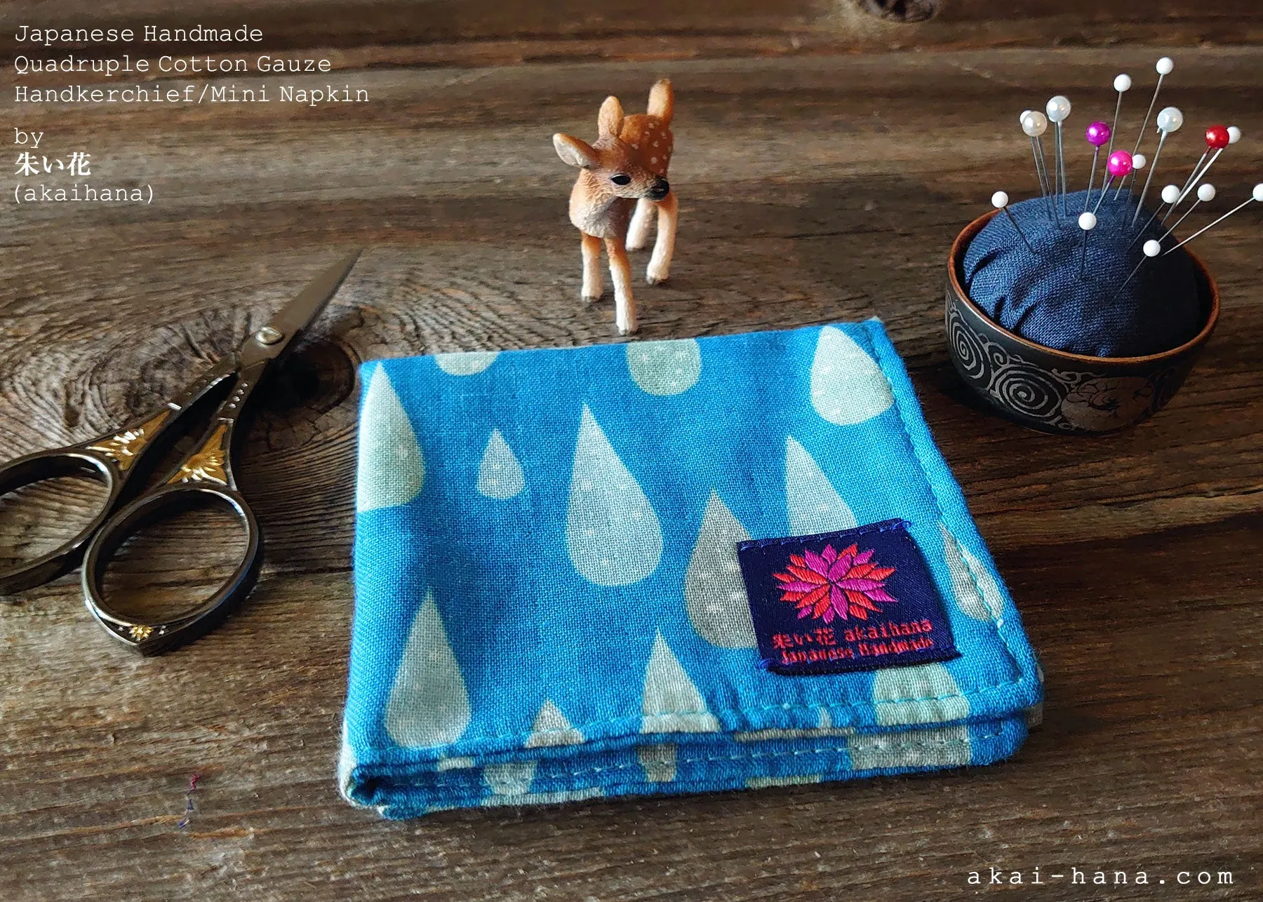 Quadruple Reversible Japanese Handkerchief, Drops, 100% Japanese Cotton Gauze ⦿wghc0016