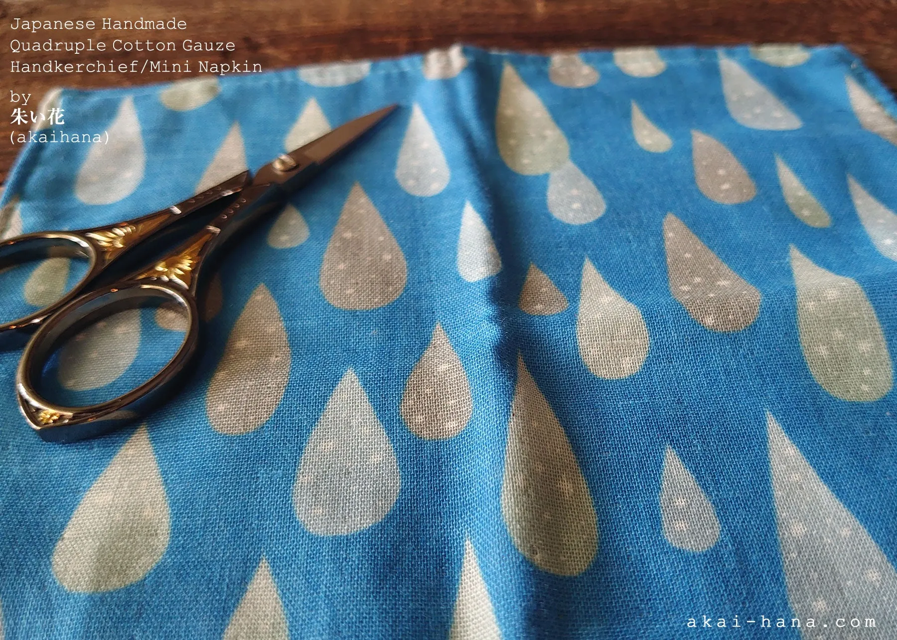 Quadruple Reversible Japanese Handkerchief, Drops, 100% Japanese Cotton Gauze ⦿wghc0016
