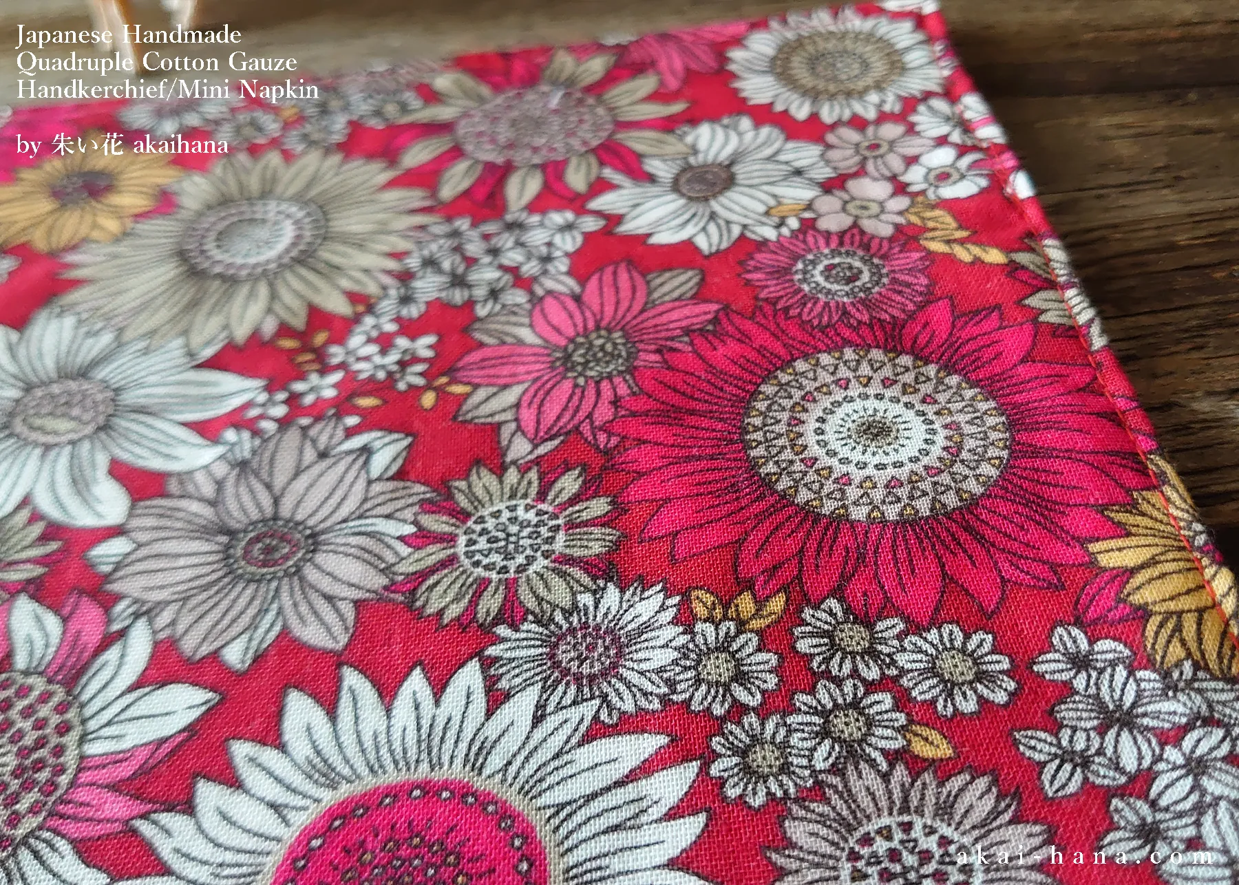 Quadruple Reversible Japanese Handkerchief, Flower Garden Red ⦿wghc0017