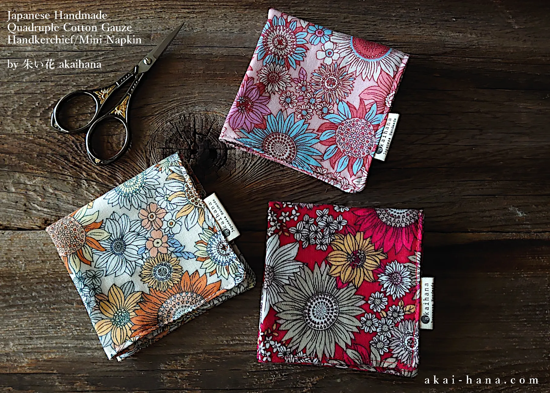 Quadruple Reversible Japanese Handkerchief, Flower Garden Yellow ⦿wghc0019