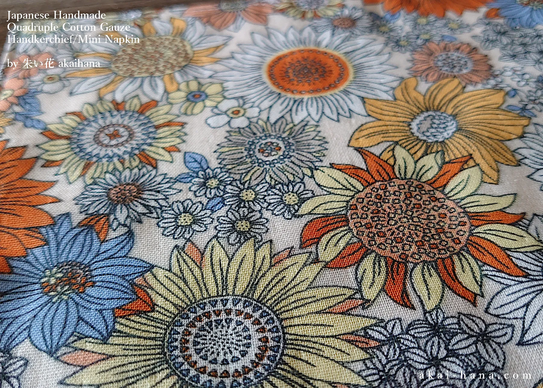 Quadruple Reversible Japanese Handkerchief, Flower Garden Yellow ⦿wghc0019