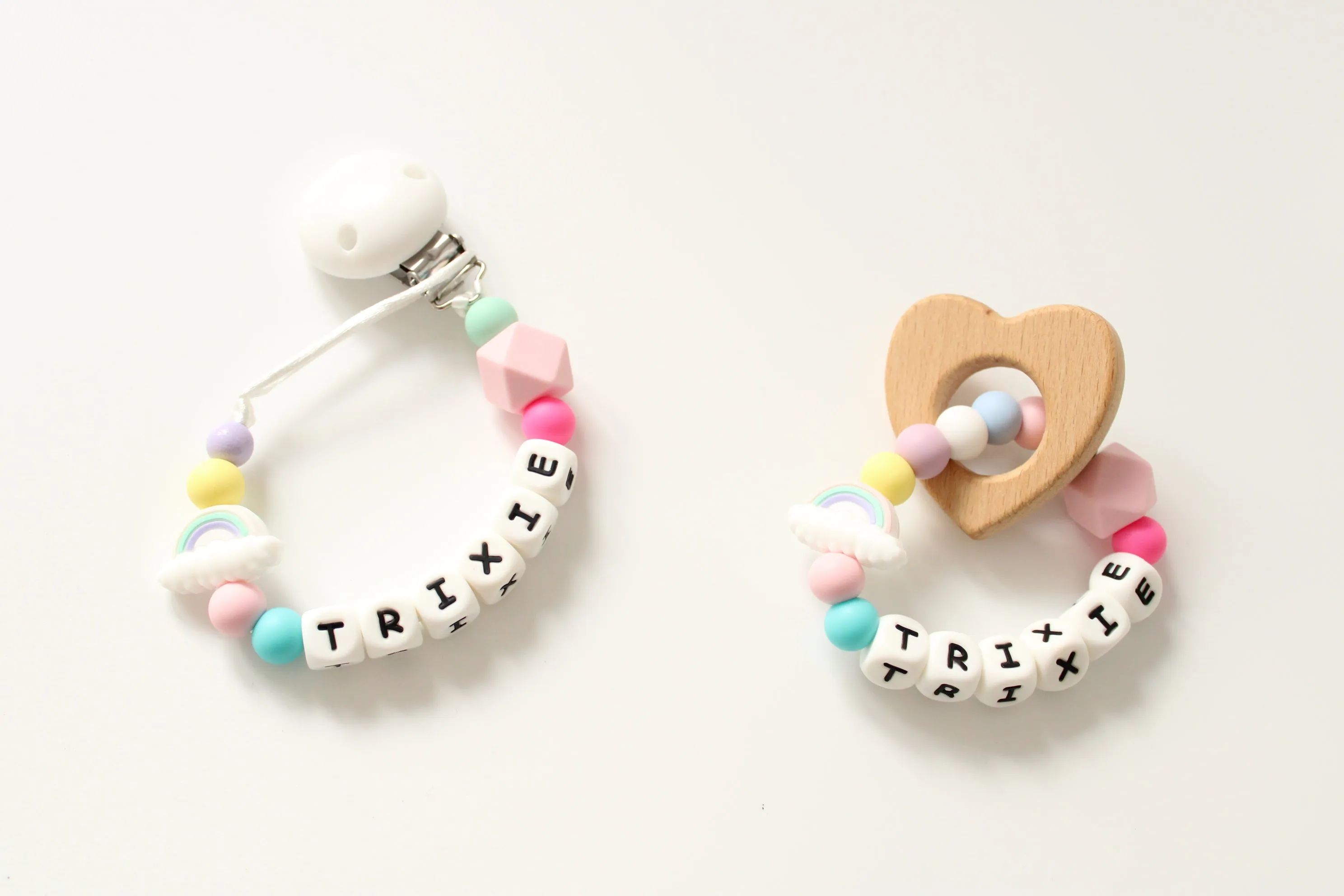 Rainbow Personalised Dummy clip and Teething ring