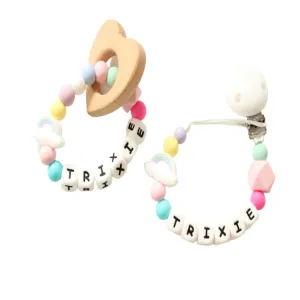 Rainbow Personalised Dummy clip and Teething ring