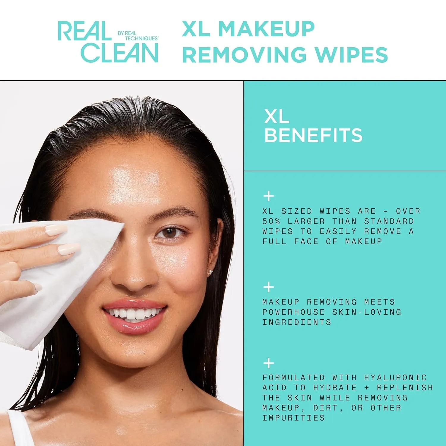 Real Clean XL Makeup Removing Wipes, Hydrating Facial Wipes, Infused with Hyaluronic Acid, Dual-Usage Cleansing Wipes Repair Skin & Gently Remove Makeup, Fragrance Free, 25 Count