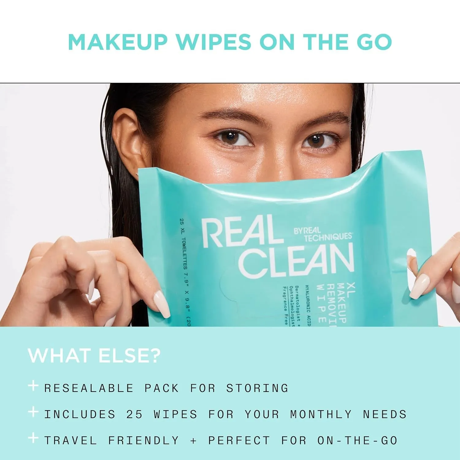 Real Clean XL Makeup Removing Wipes, Hydrating Facial Wipes, Infused with Hyaluronic Acid, Dual-Usage Cleansing Wipes Repair Skin & Gently Remove Makeup, Fragrance Free, 25 Count