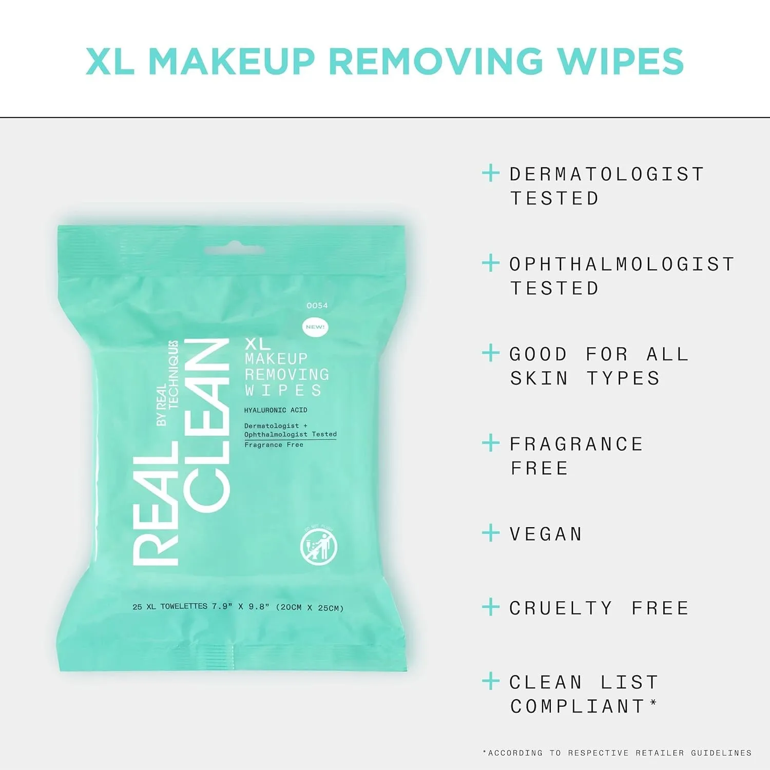 Real Clean XL Makeup Removing Wipes, Hydrating Facial Wipes, Infused with Hyaluronic Acid, Dual-Usage Cleansing Wipes Repair Skin & Gently Remove Makeup, Fragrance Free, 25 Count