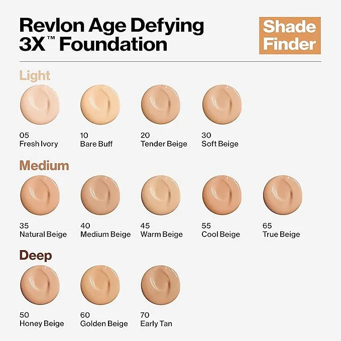 Revlon Age Defying 3X Makeup Foundation, Firming, Lifting and Anti-Aging Medium, Buildable Coverage with Natural Finish SPF 20, 060 Golden Beige, 1 fl oz