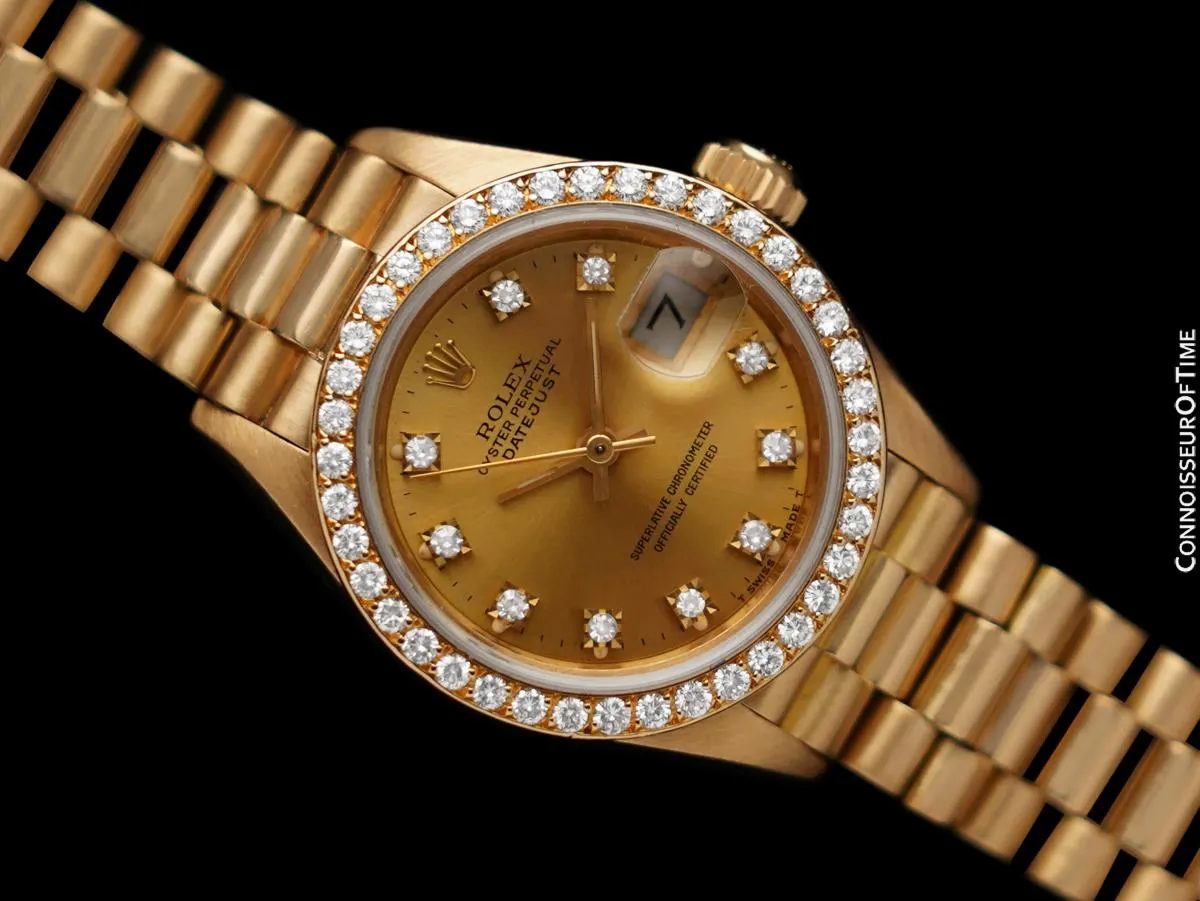 Rolex Ladies President Datejust 18K Gold & Rolex Factory Diamond Watch, 69138 - Box & Papers