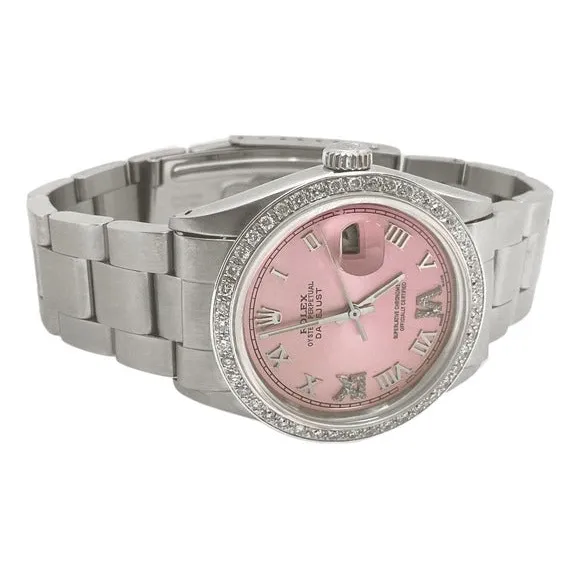 Rolex QUICK SET Pink Roman Dial Diamond Bezel Oyster Bracelet Men Watch 36 mm QUICK SET