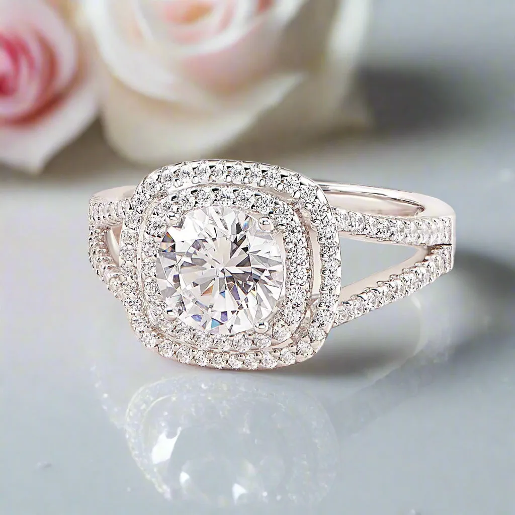 Round Cut Created Diamond Double Halo Split Shank Engagement Ring