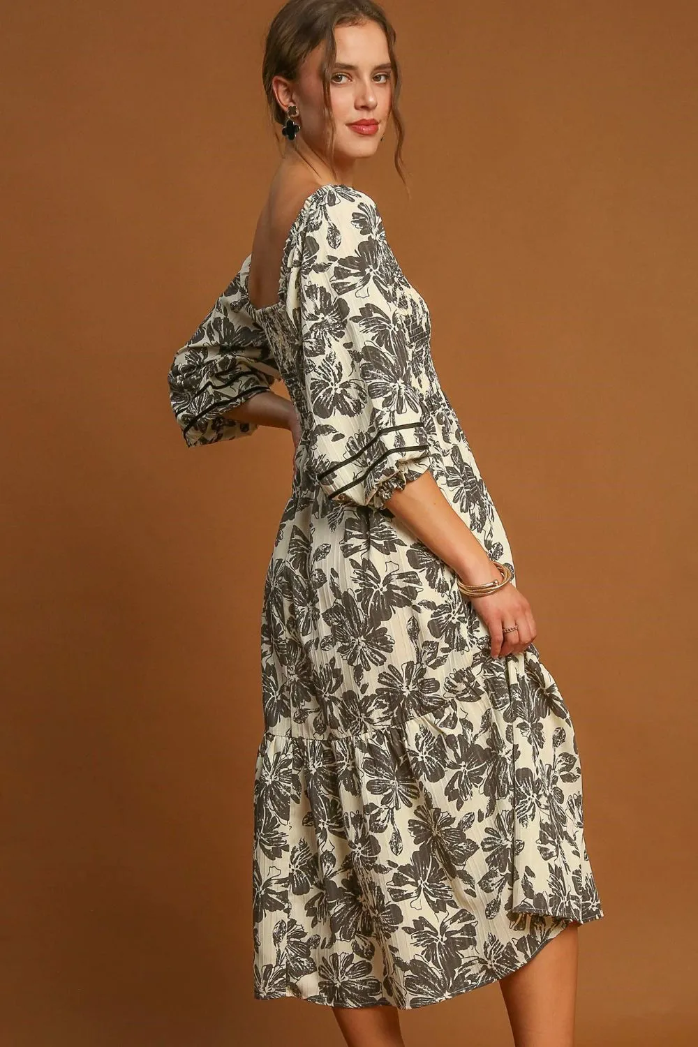 Ruffle Hem Flower Printed V-Neck Cream Color Dress